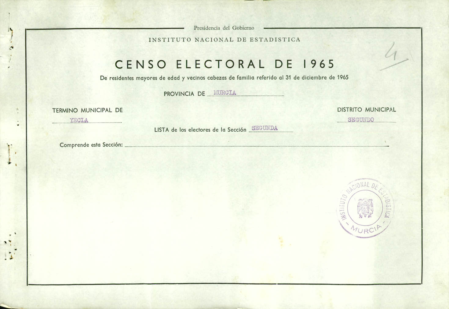Censo electoral provincial de 1965: listas definitivas de Yecla, Distrito 2º, sección 2ª.