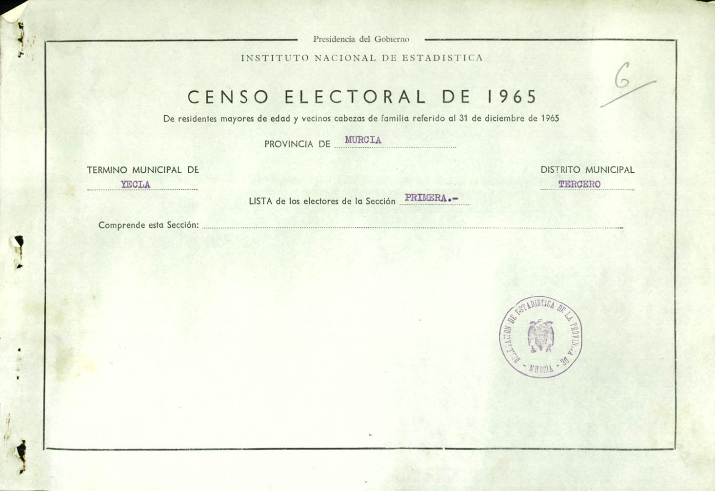 Censo electoral provincial de 1965: listas definitivas de Yecla, Distrito 3º, sección 1ª.