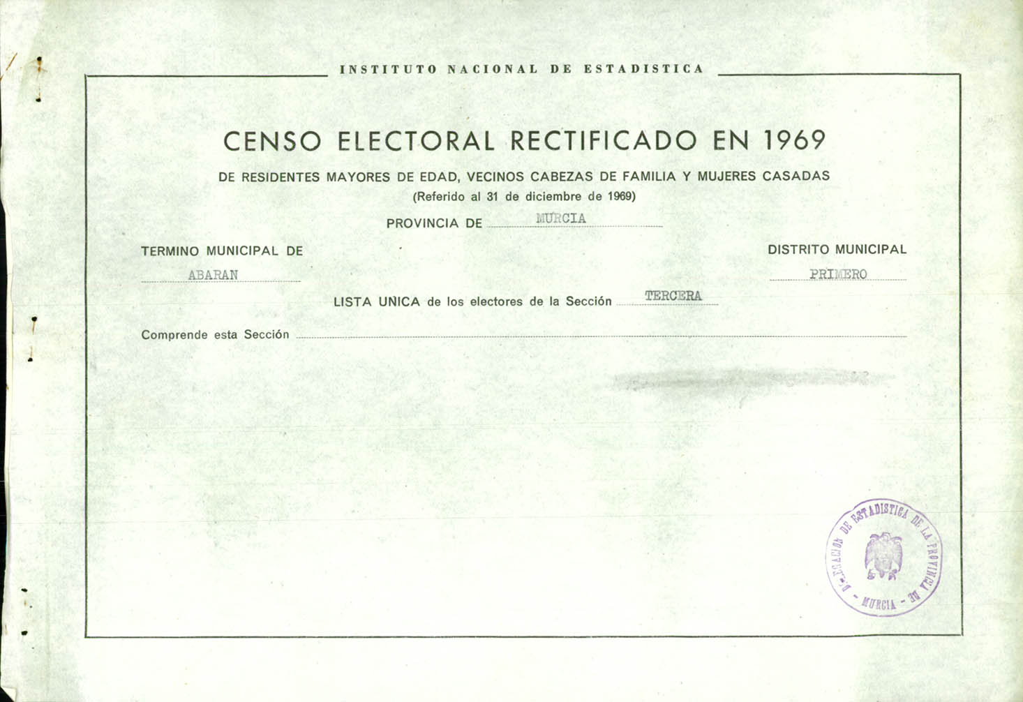 Censo electoral rectificado en 1969: listas definitivas de Abarán, Distrito 1º, sección 3º.