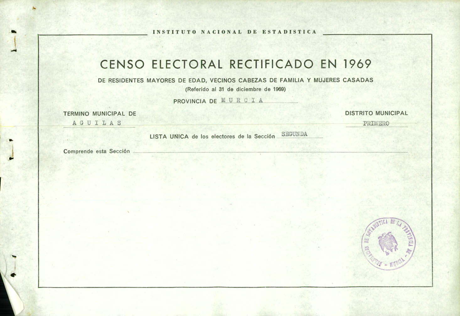 Censo electoral rectificado en 1969: listas definitivas de Águilas, Distrito 1º, sección 2º.