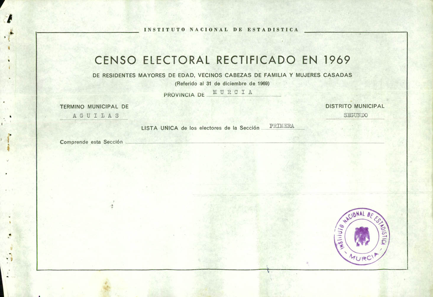 Censo electoral rectificado en 1969: listas definitivas de Águilas, Distrito 2º, sección 1º.