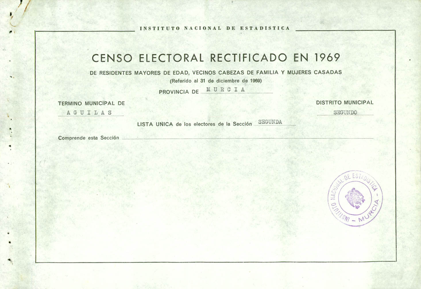Censo electoral rectificado en 1969: listas definitivas de Águilas, Distrito 2º, sección 2º.