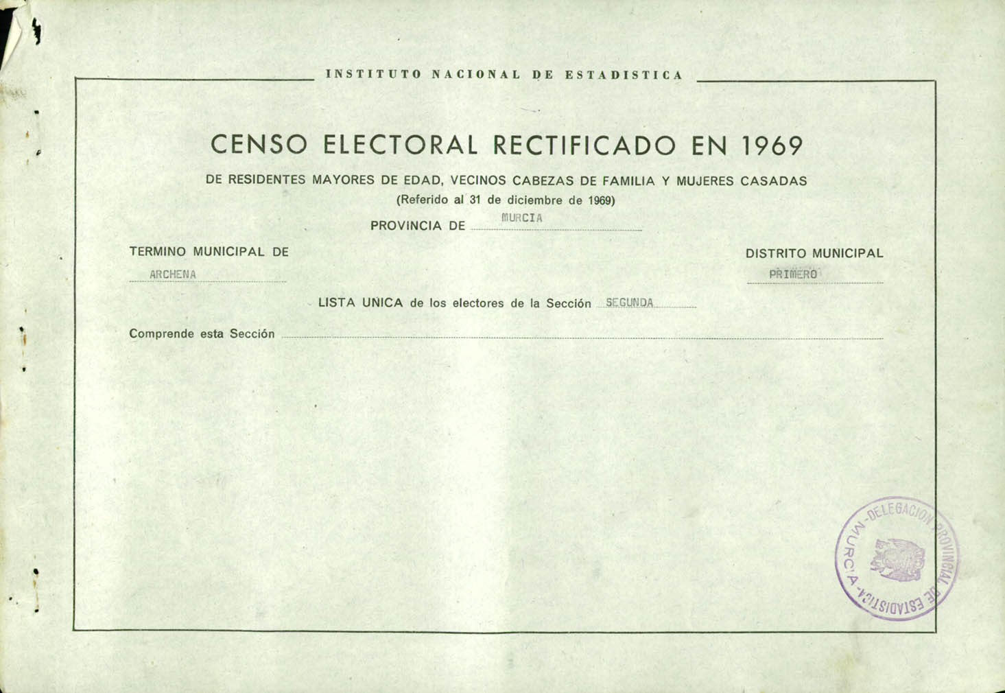 Censo electoral rectificado en 1969: listas definitivas de Archena, Distrito 4º, sección única.