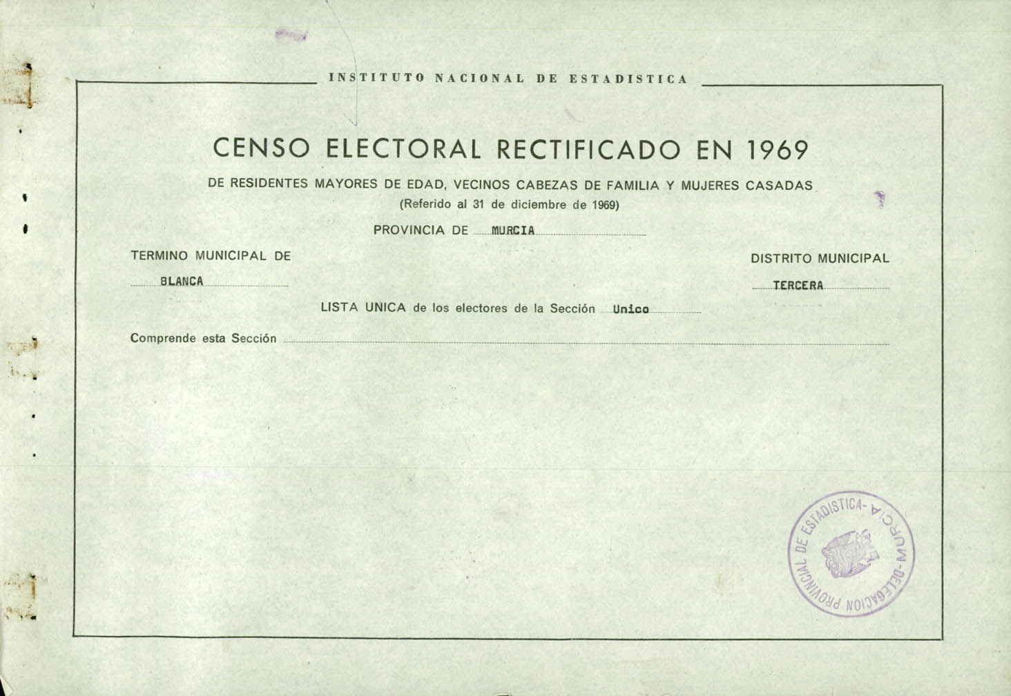 Censo electoral rectificado en 1969: listas definitivas de Blanca, Distrito Único, sección 3ª.