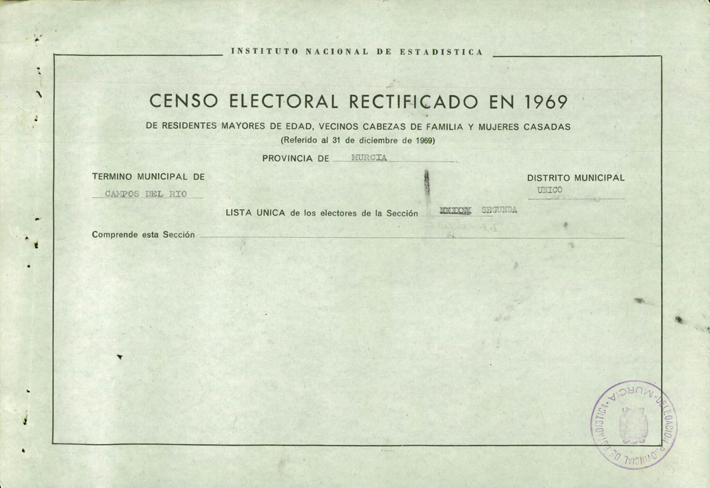 Censo electoral rectificado en 1969: listas definitivas de Campos del Río, Distrito único, sección 2º.