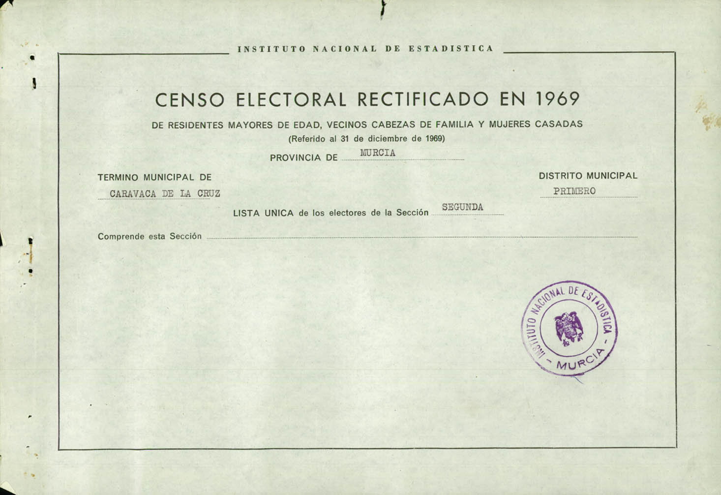 Censo electoral rectificado en 1969: listas definitivas de Caravaca de la Cruz, Distrito 1º, sección 2º.