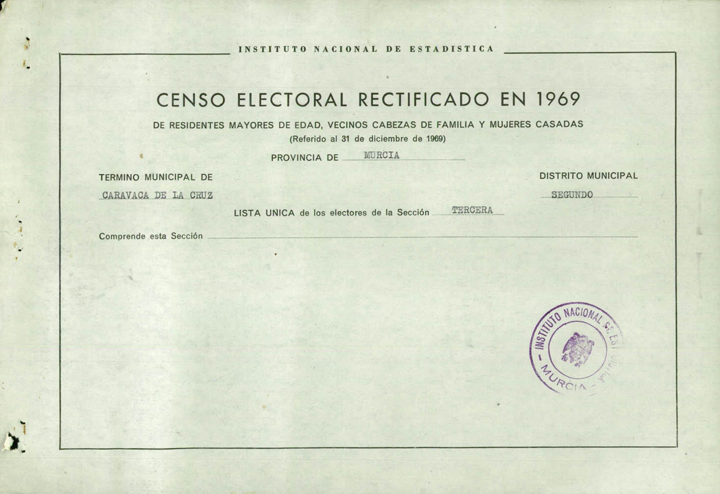 Censo electoral rectificado en 1969: listas definitivas de Caravaca de la Cruz, Distrito 2º, sección 3º.