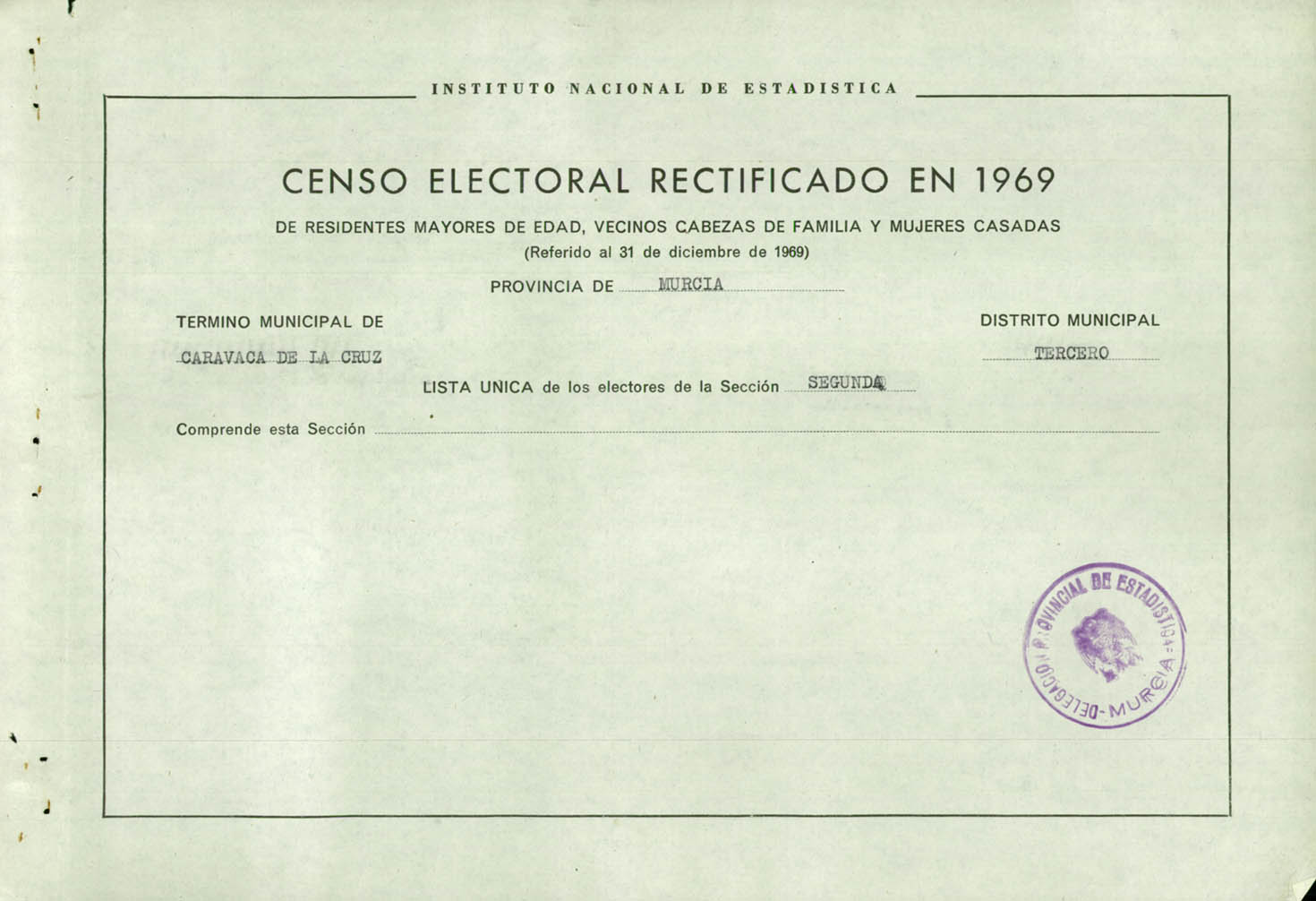 Censo electoral rectificado en 1969: listas definitivas de Caravaca de la Cruz, Distrito 3º, sección 2º (Barranda).