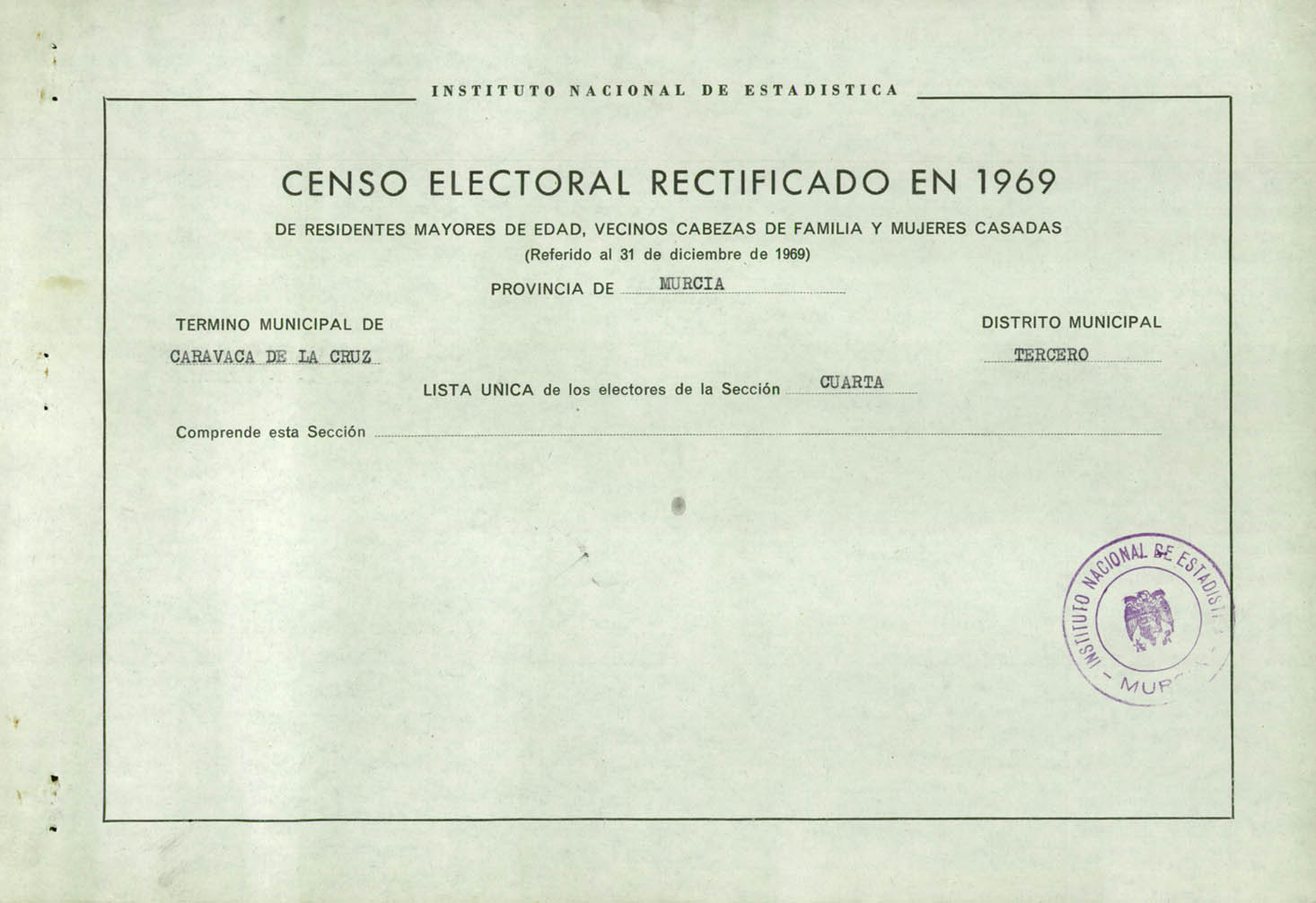 Censo electoral rectificado en 1969: listas definitivas de Caravaca de la Cruz, Distrito 3º, sección 4º (Archivel).