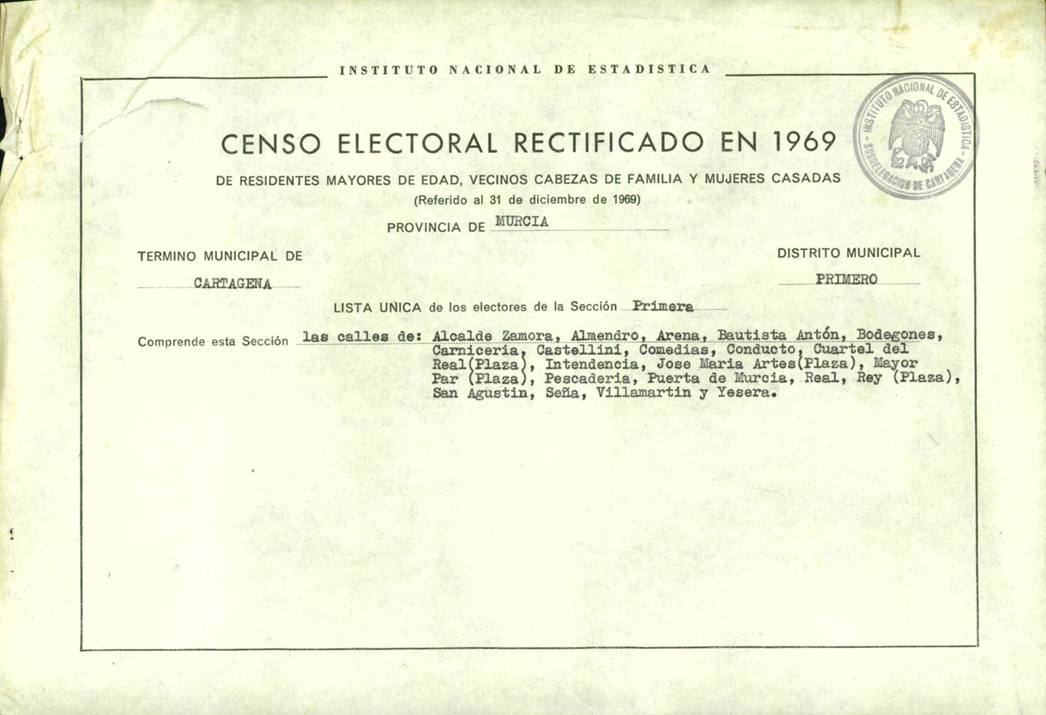 Censo electoral rectificado en 1969: listas definitivas de Cartagena, Distrito 1º, sección 1º.