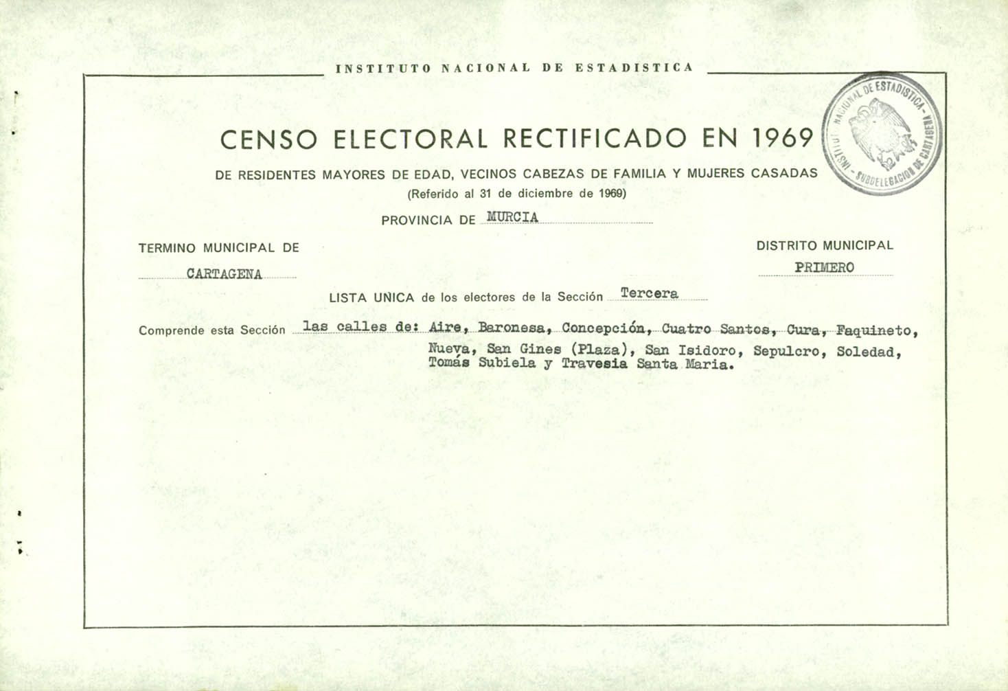 Censo electoral rectificado en 1969: listas definitivas de Cartagena, Distrito 1º, sección 3º.