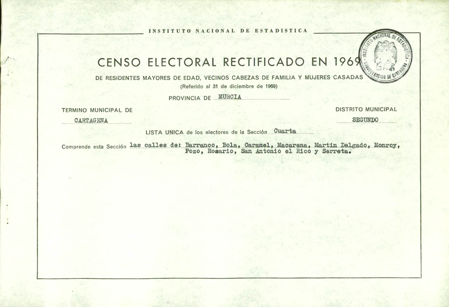 Censo electoral rectificado en 1969: listas definitivas de Cartagena, Distrito 2º, sección 4º.