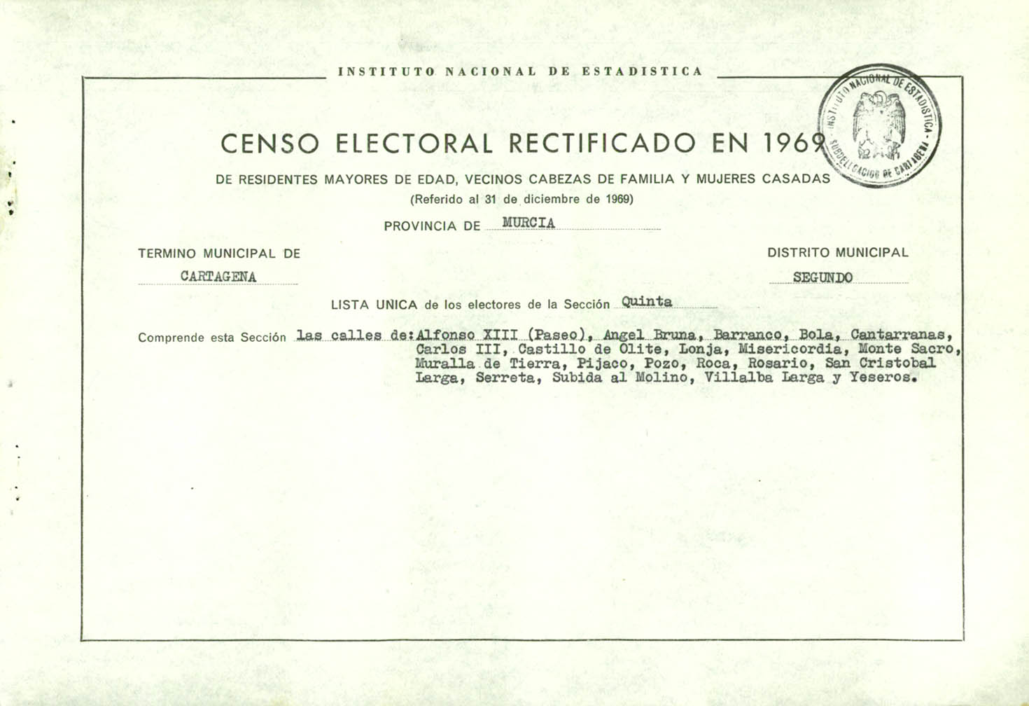 Censo electoral rectificado en 1969: listas definitivas de Cartagena, Distrito 2º, sección 5º.