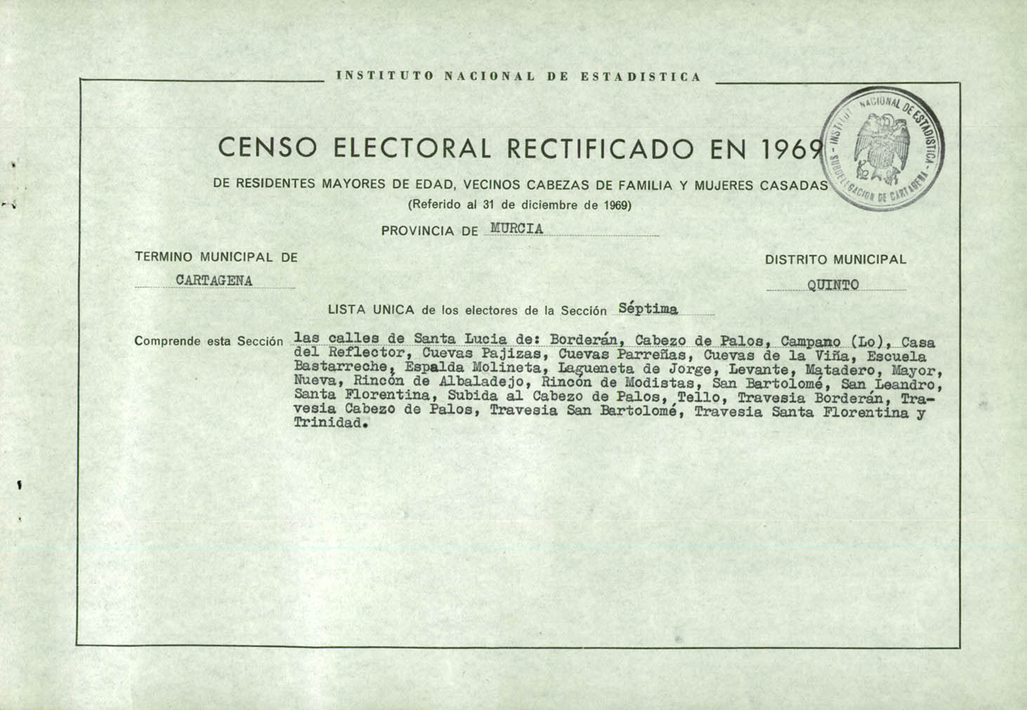 Censo electoral rectificado en 1969: listas definitivas de Cartagena, Distrito 5º, sección 7º.