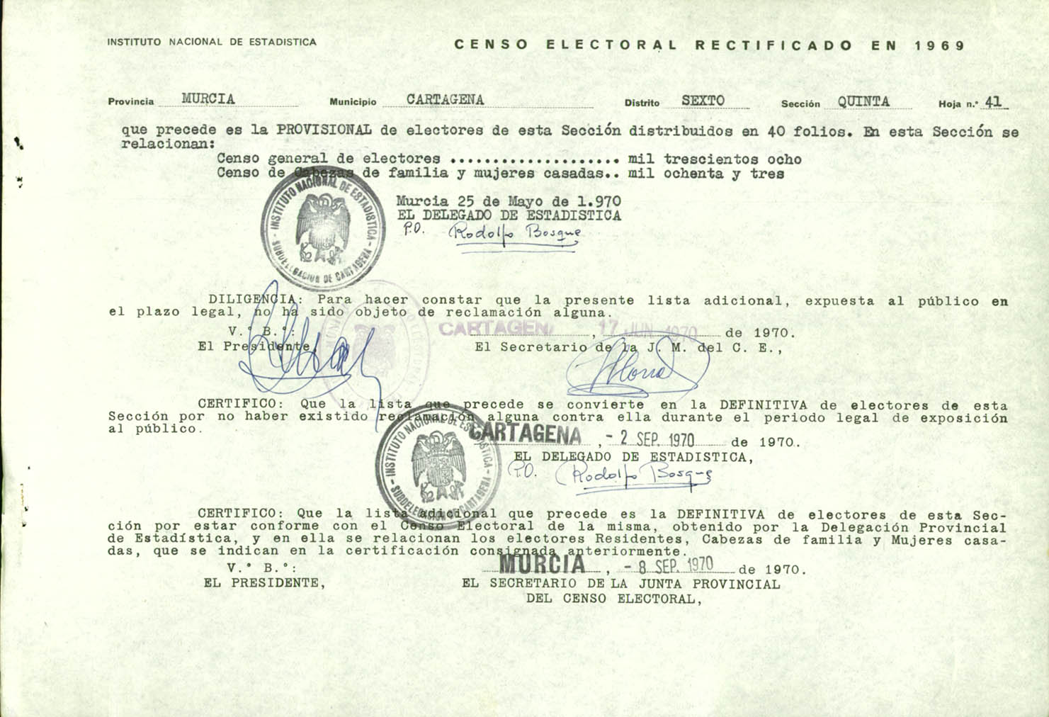 Censo electoral rectificado en 1969: listas definitivas de Cartagena, Distrito 6º, sección 5º.