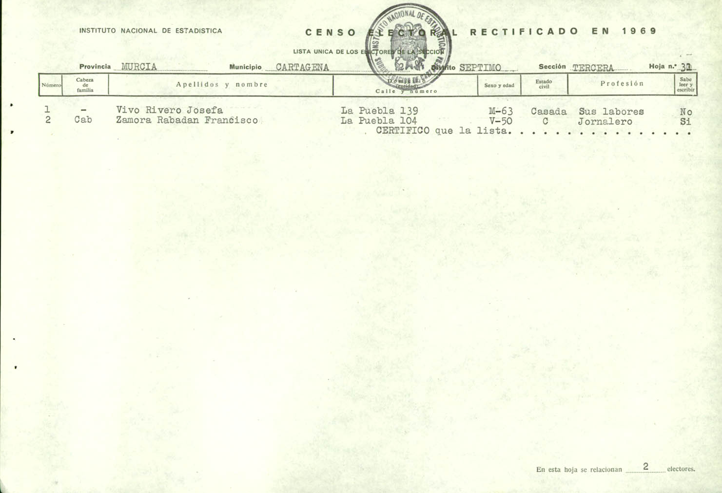 Censo electoral rectificado en 1969: listas definitivas de Cartagena, Distrito 7º, sección 3º.