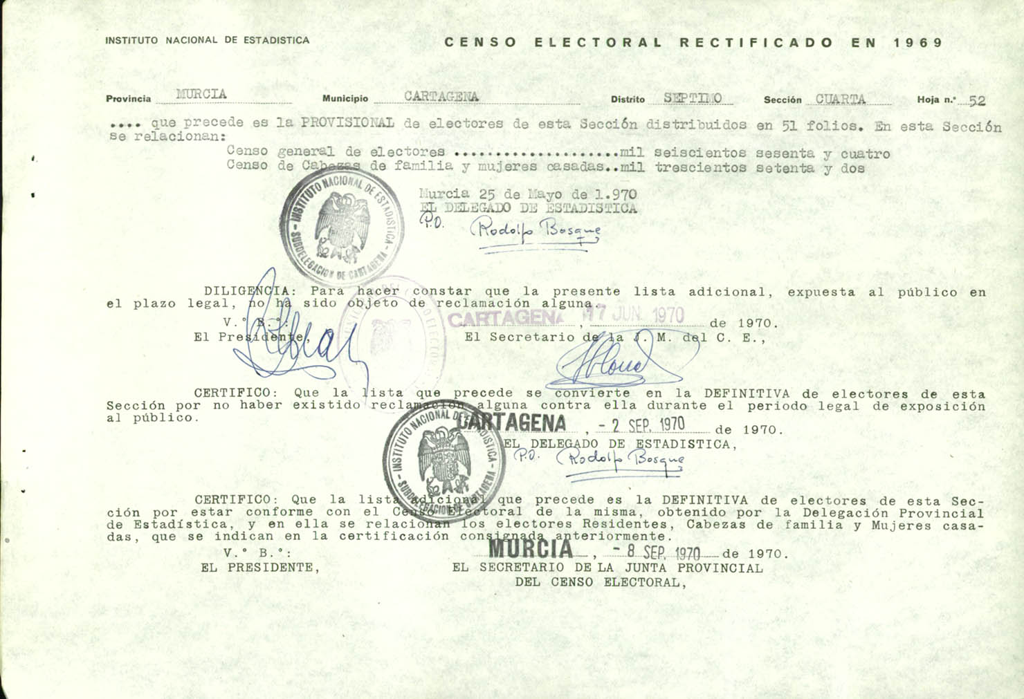 Censo electoral rectificado en 1969: listas definitivas de Cartagena, Distrito 7º, sección 4º.