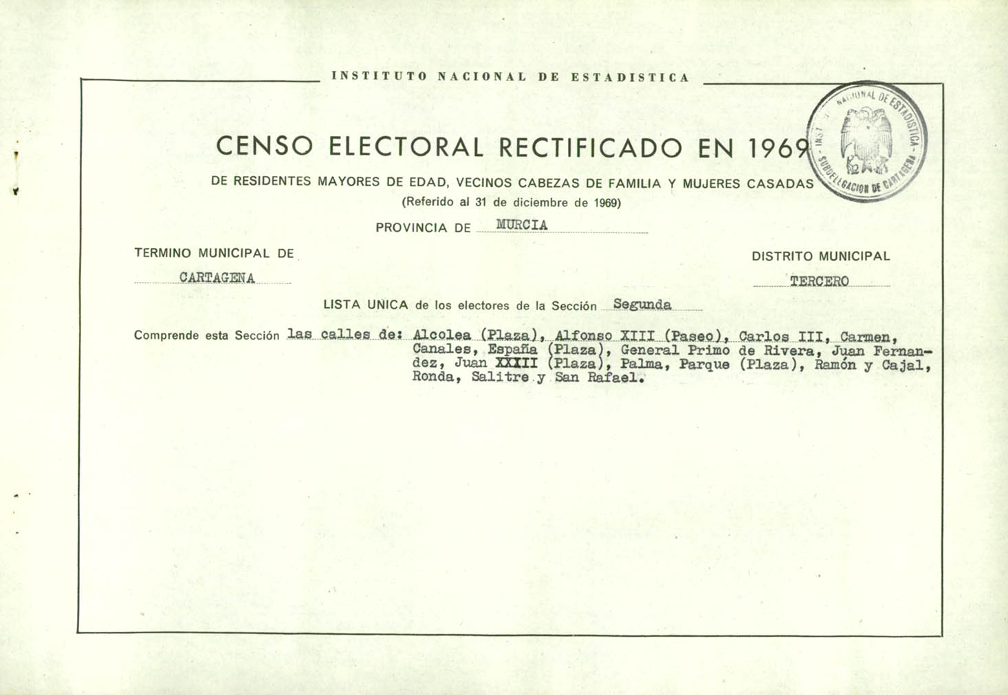 Censo electoral rectificado en 1969: listas definitivas de Cartagena, Distrito 3º, sección 2º.