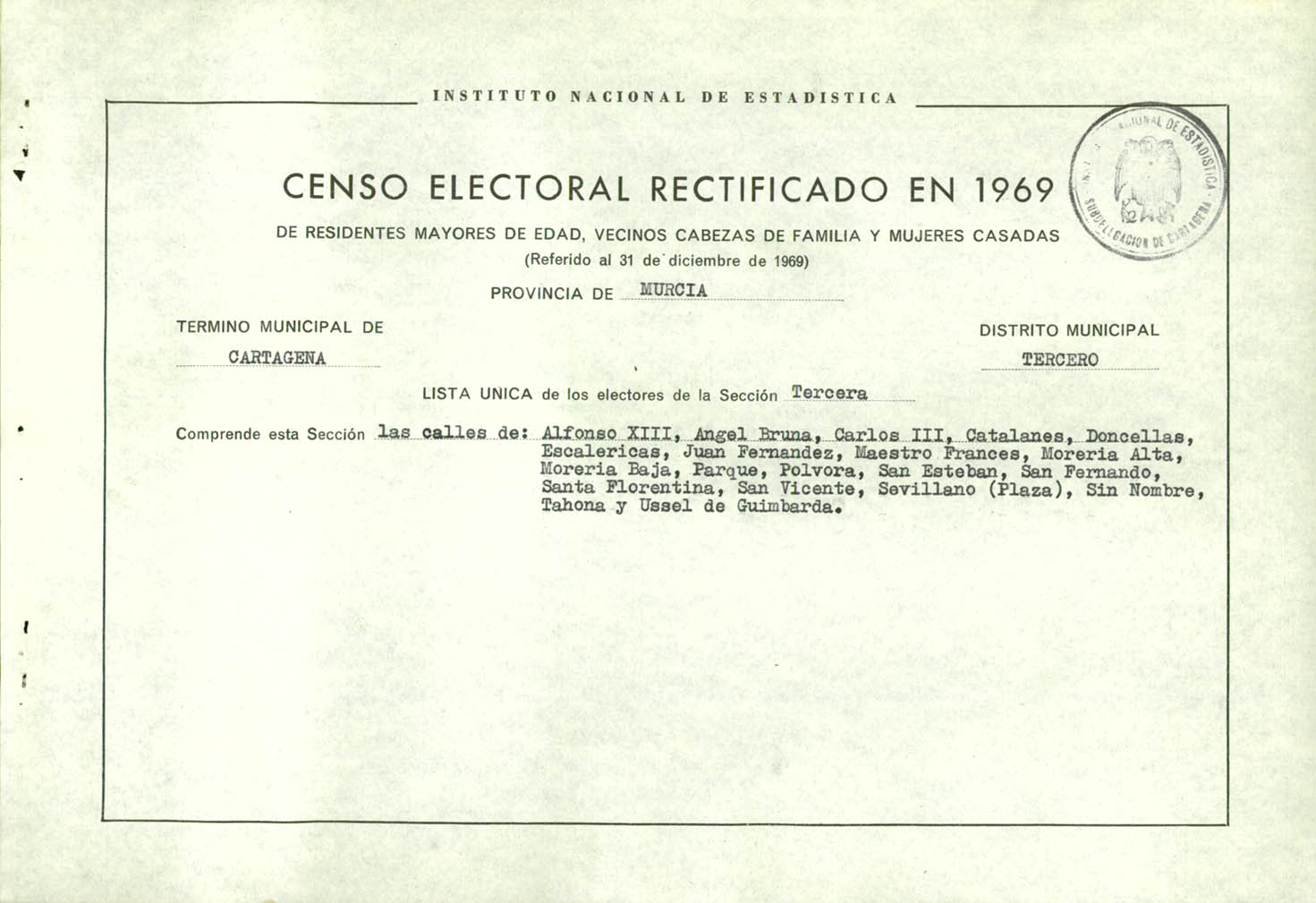 Censo electoral rectificado en 1969: listas definitivas de Cartagena, Distrito 3º, sección 3º.