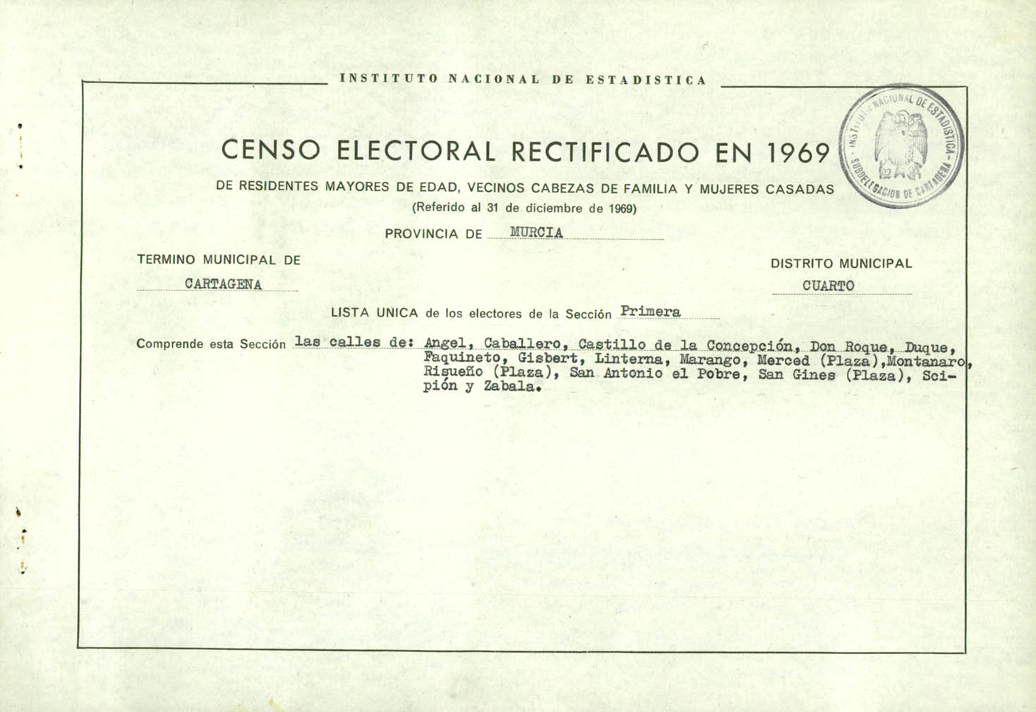 Censo electoral rectificado en 1969: listas definitivas de Cartagena, Distrito 4º, sección 1º.