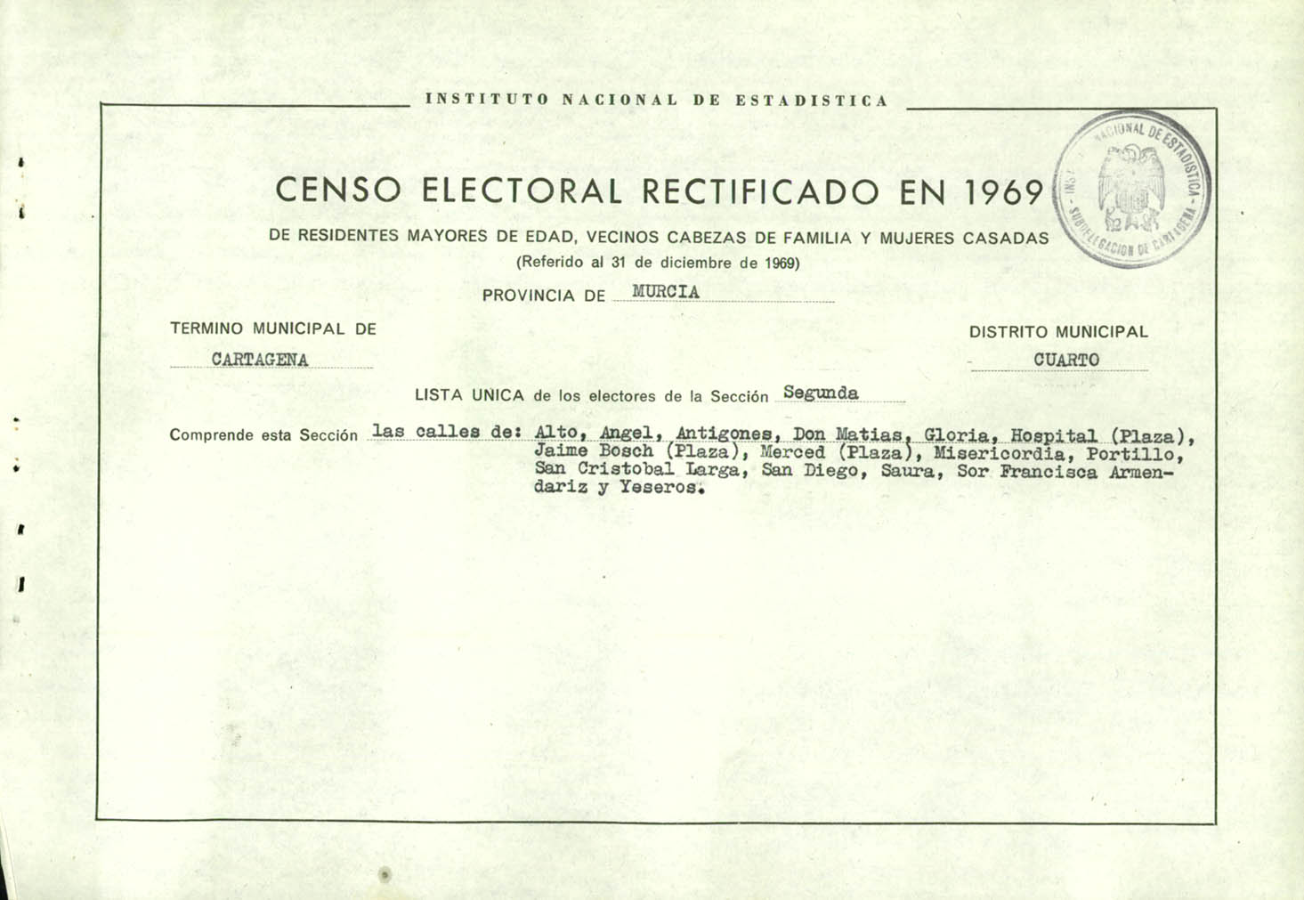Censo electoral rectificado en 1969: listas definitivas de Cartagena, Distrito 4º, sección 2º.