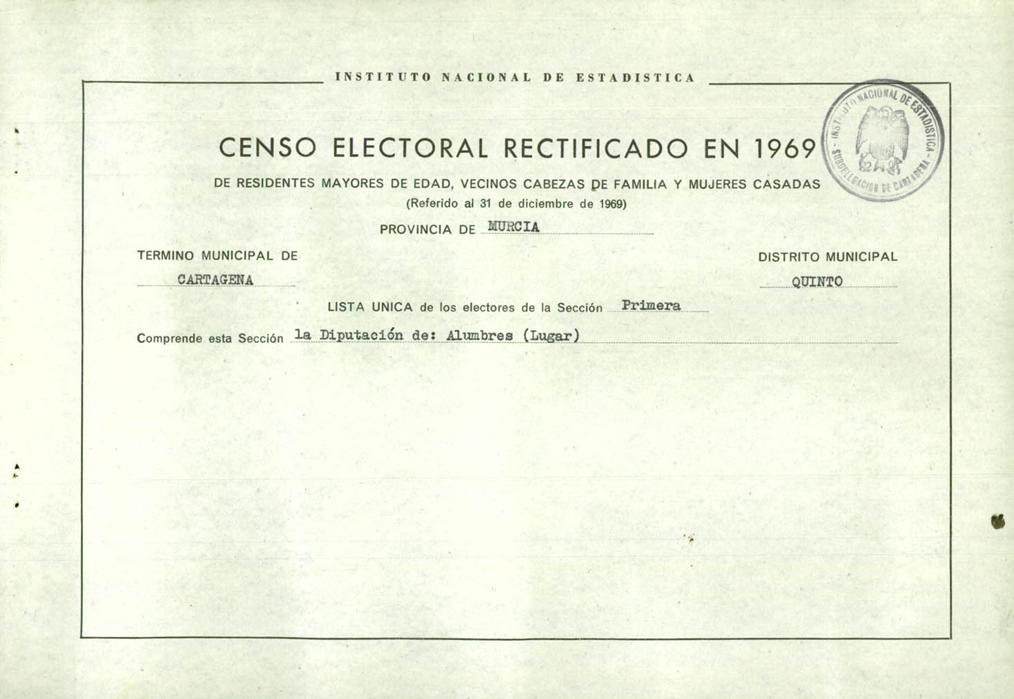 Censo electoral rectificado en 1969: listas definitivas de Cartagena, Distrito 5º, sección 1º.