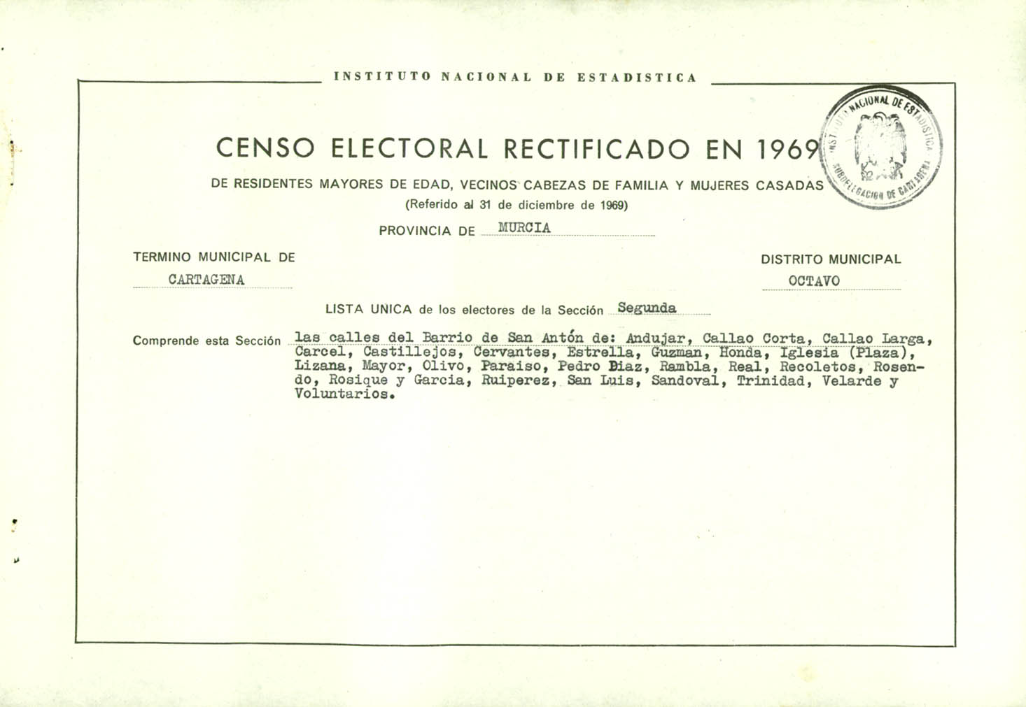 Censo electoral rectificado en 1969: listas definitivas de Cartagena, Distrito 8º, sección 2º.
