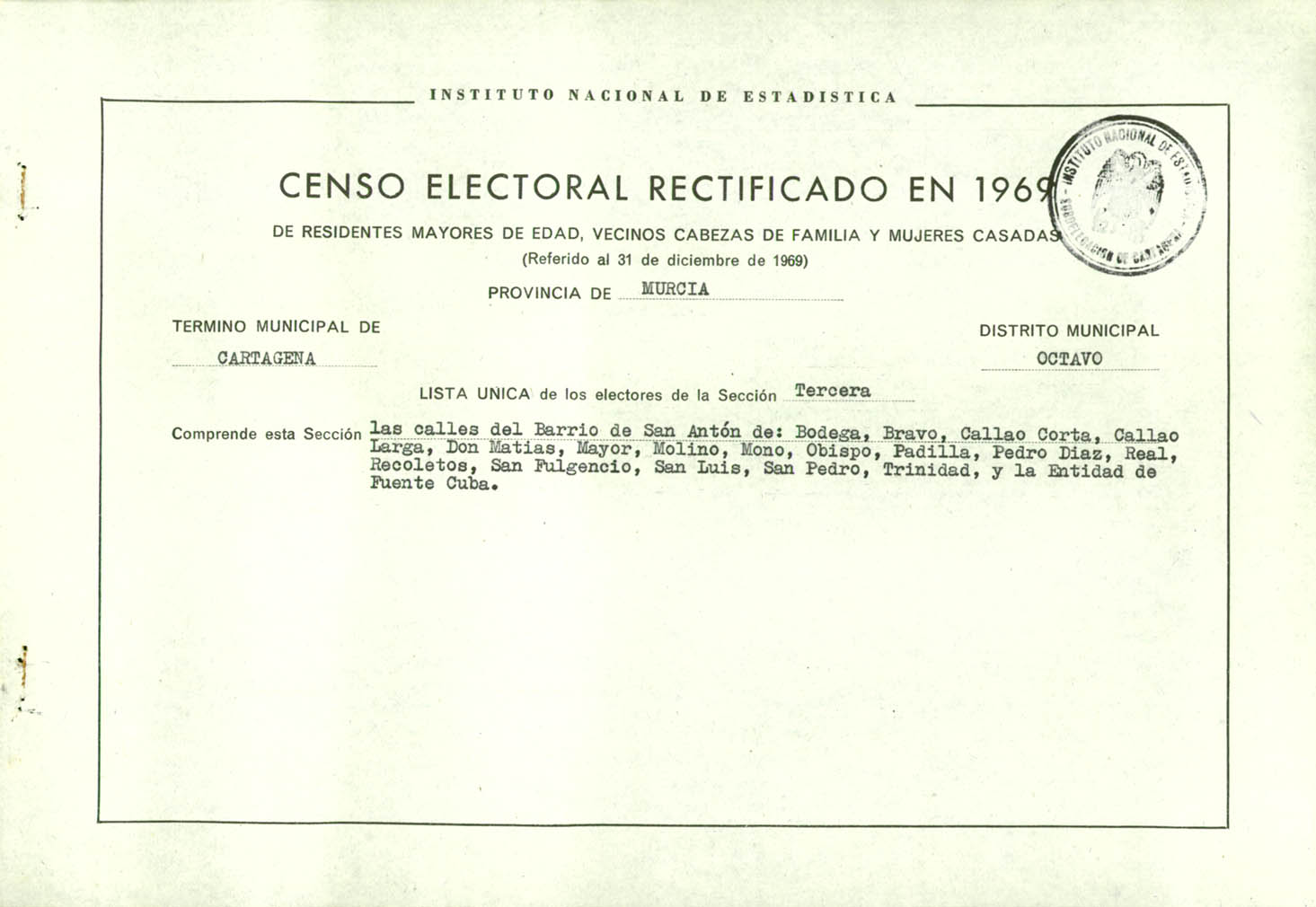 Censo electoral rectificado en 1969: listas definitivas de Cartagena, Distrito 8º, sección 3º.