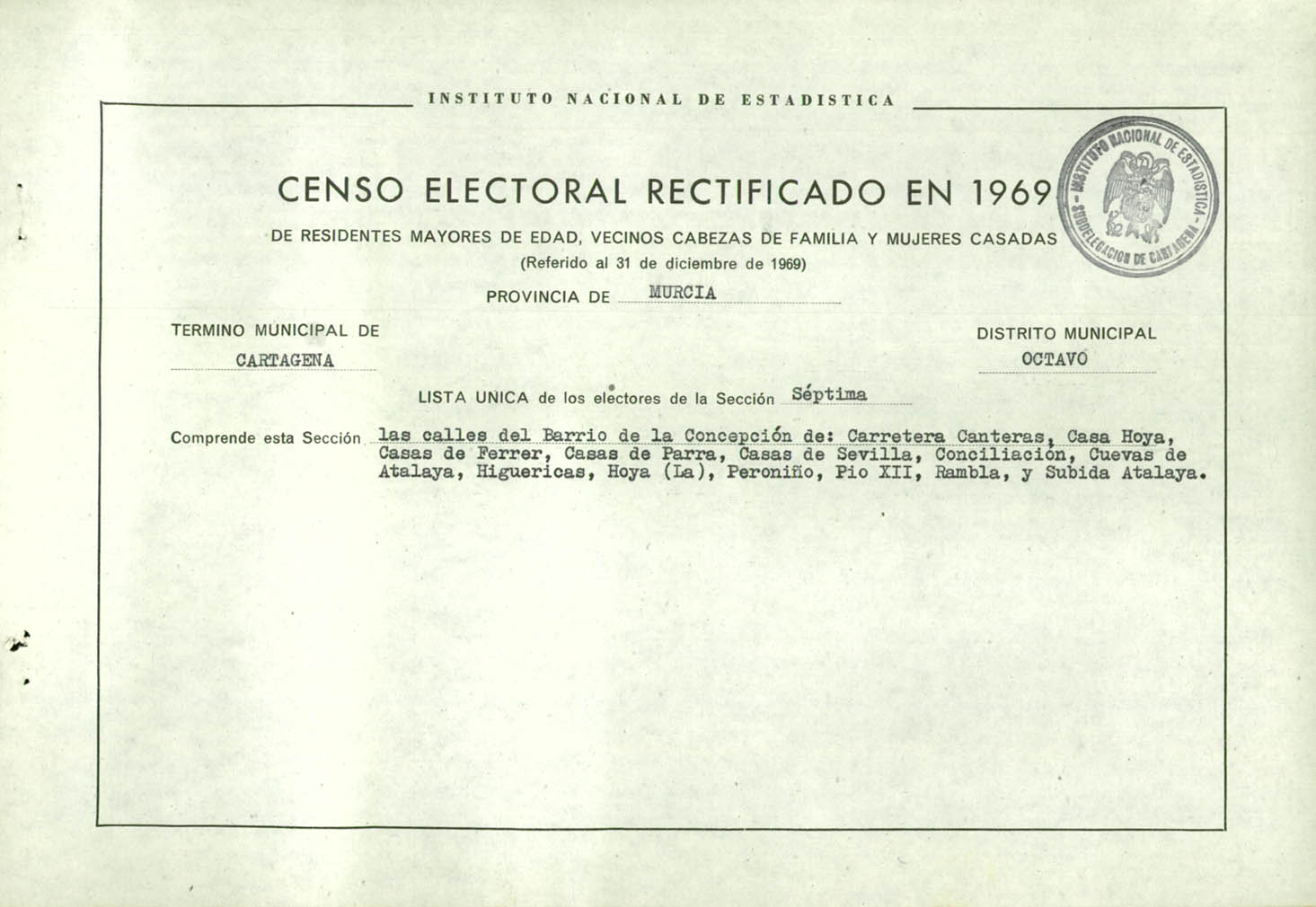 Censo electoral rectificado en 1969: listas definitivas de Cartagena, Distrito 8º, sección 7º.
