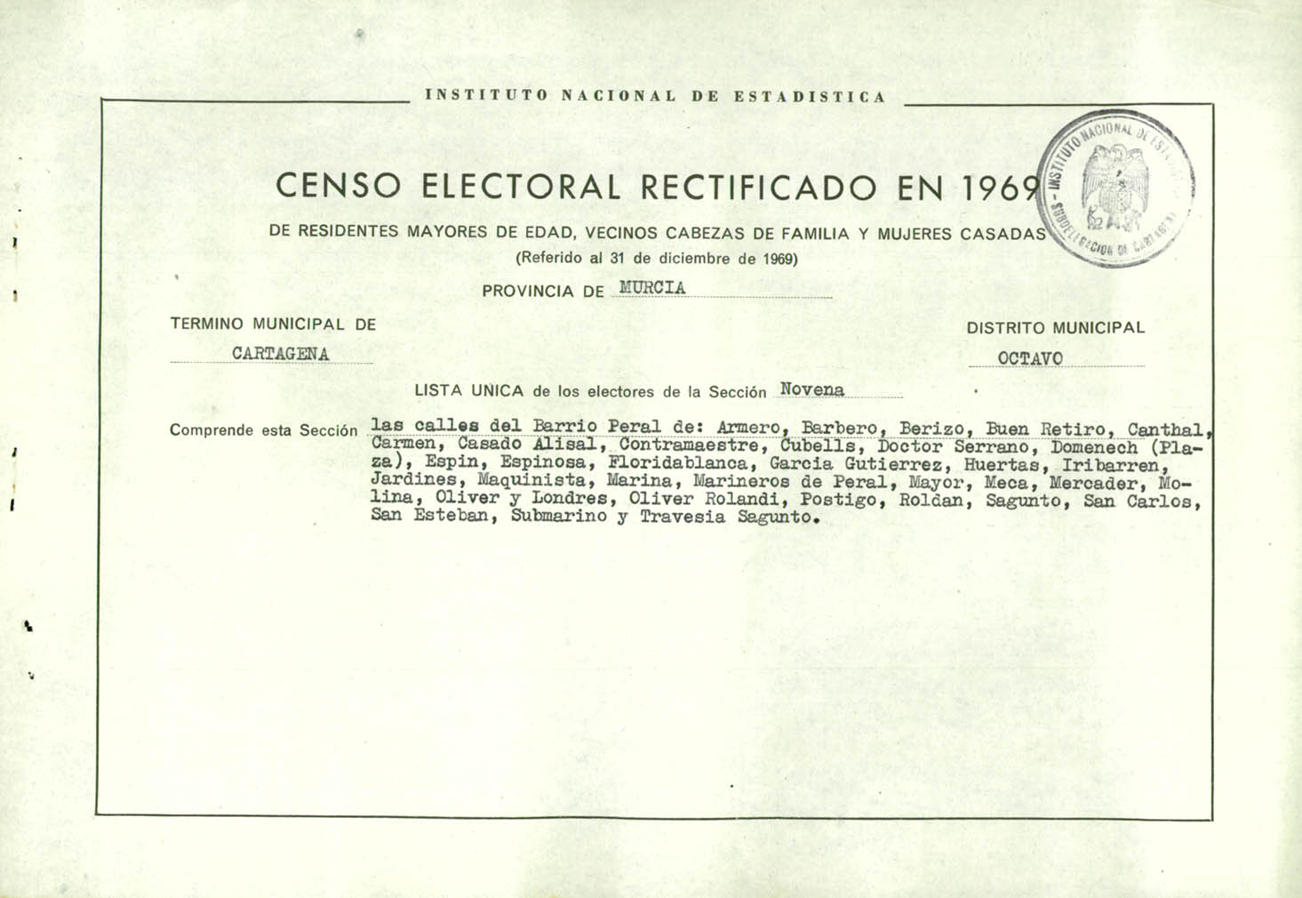 Censo electoral rectificado en 1969: listas definitivas de Cartagena, Distrito 8º, sección 9º.