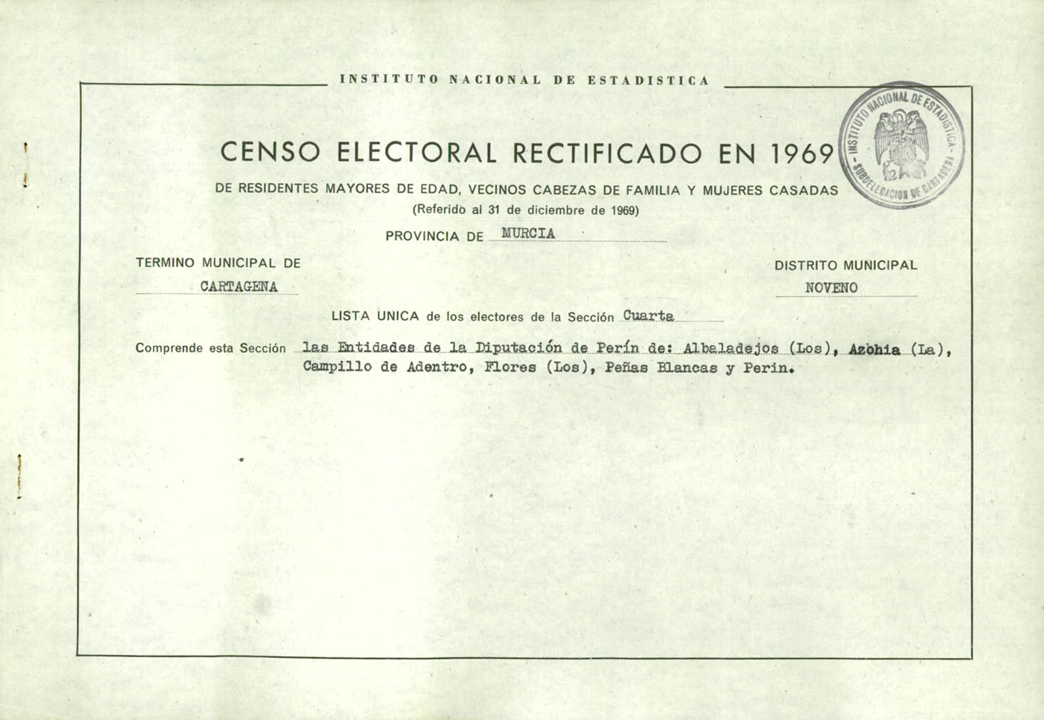 Censo electoral rectificado en 1969: listas definitivas de Cartagena, Distrito 9º, sección 4º.