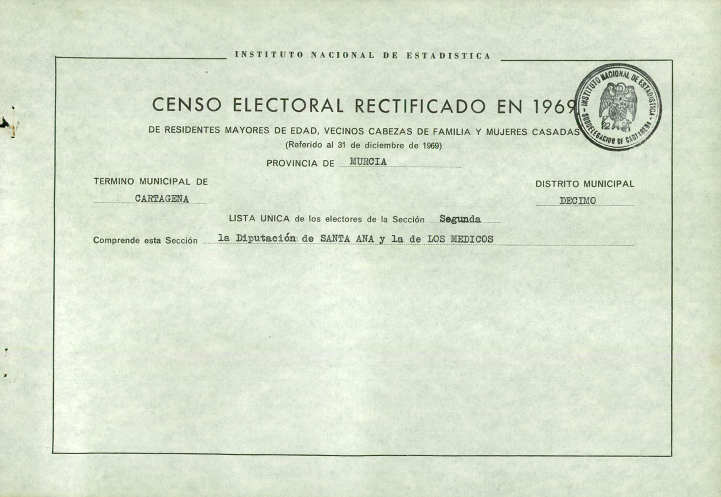 Censo electoral rectificado en 1969: listas definitivas de Cartagena, Distrito 10º, sección 2º.