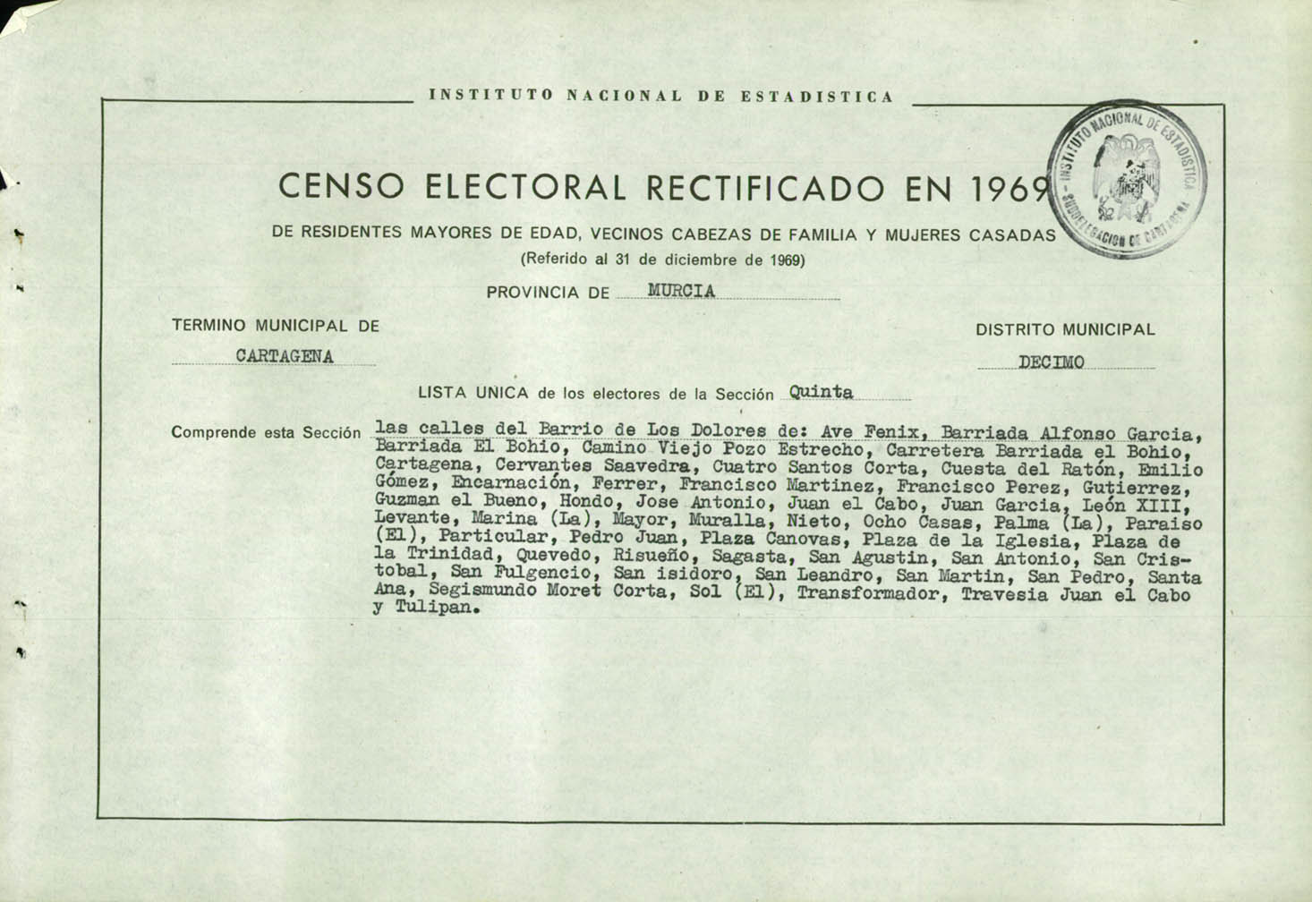 Censo electoral rectificado en 1969: listas definitivas de Cartagena, Distrito 10º, sección 5º.