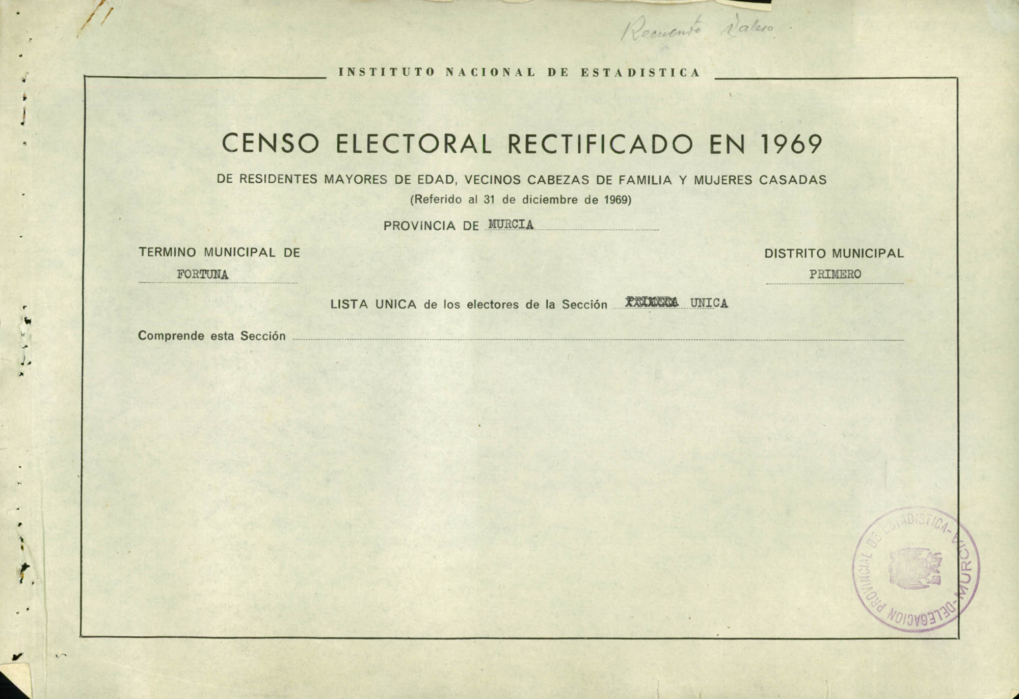 Censo electoral rectificado en 1969: listas definitivas de Fortuna, Distrito Unico, sección 1ª.