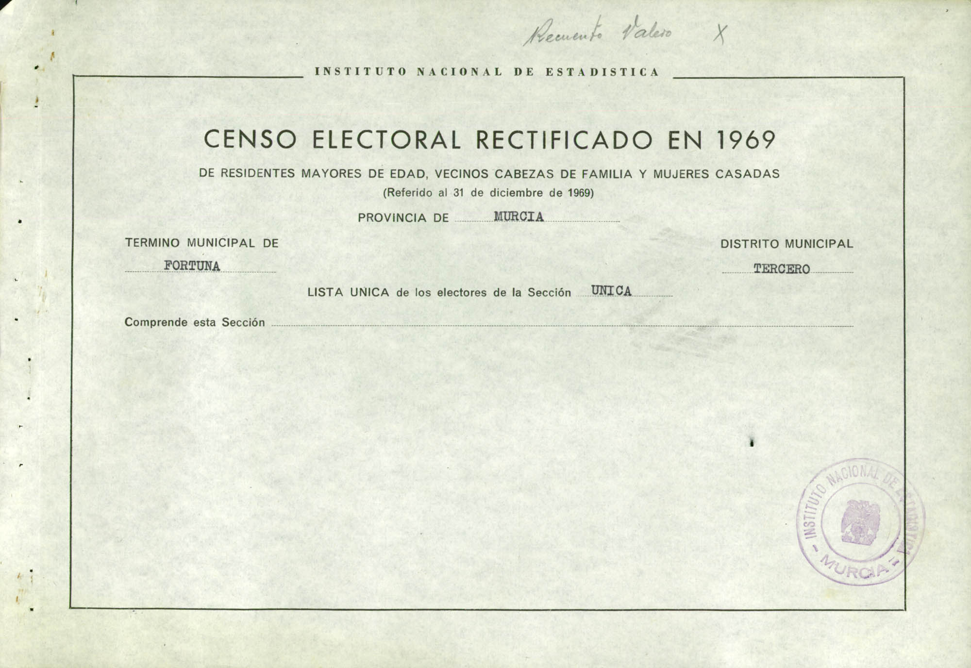 Censo electoral rectificado en 1969: listas definitivas de Fortuna, Distrito Unico, sección 3ª.