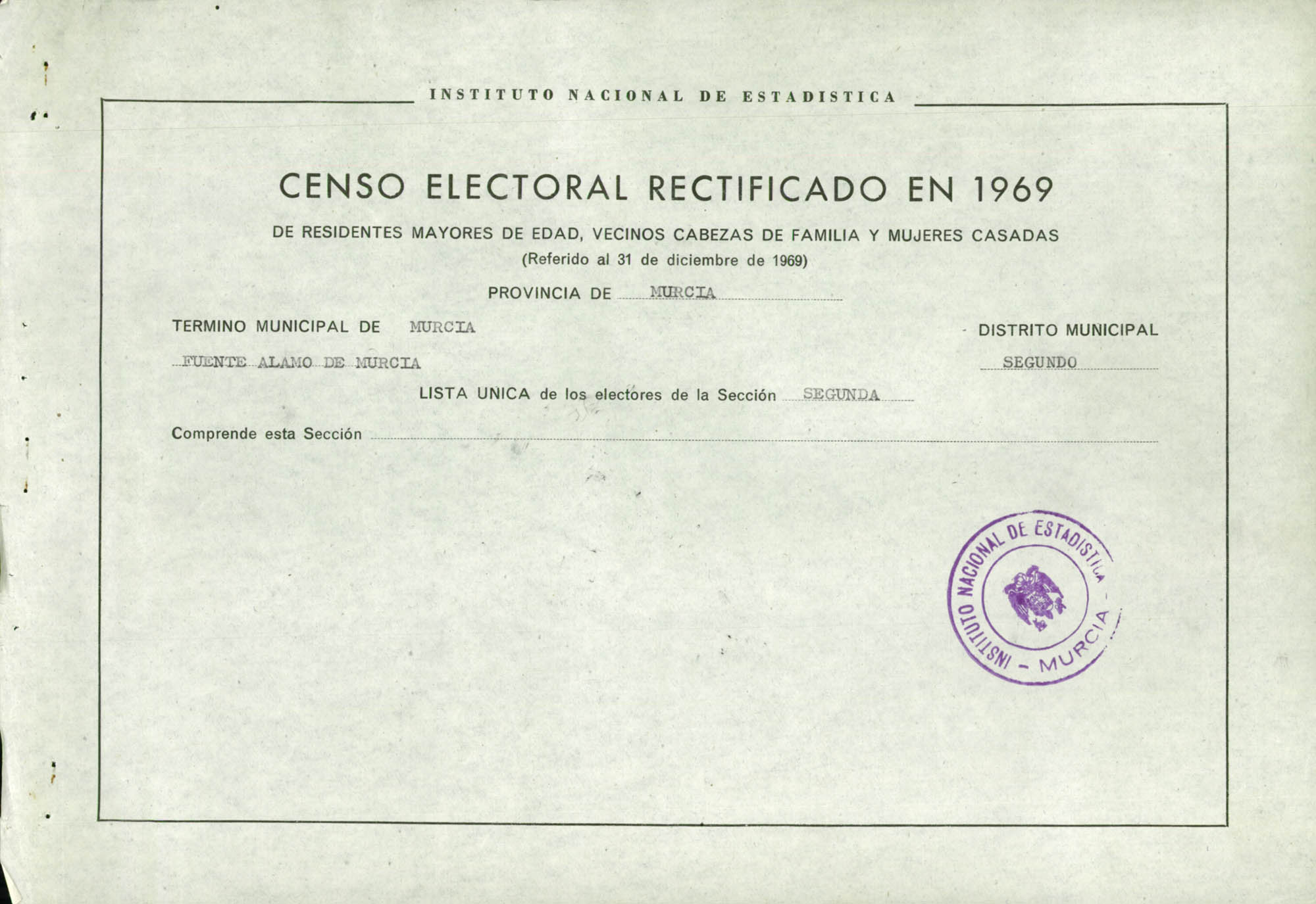 Censo electoral rectificado en 1969: listas definitivas de Fuente Álamo de Murcia, Distrito 2º, sección 1ª.