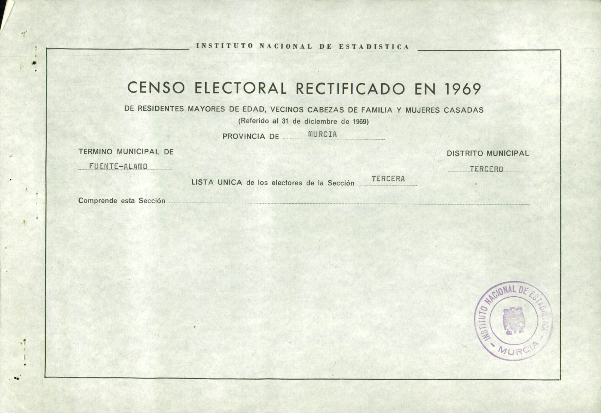 Censo electoral rectificado en 1969: listas definitivas de Fuente Álamo de Murcia, Distrito 3º, sección 3ª.
