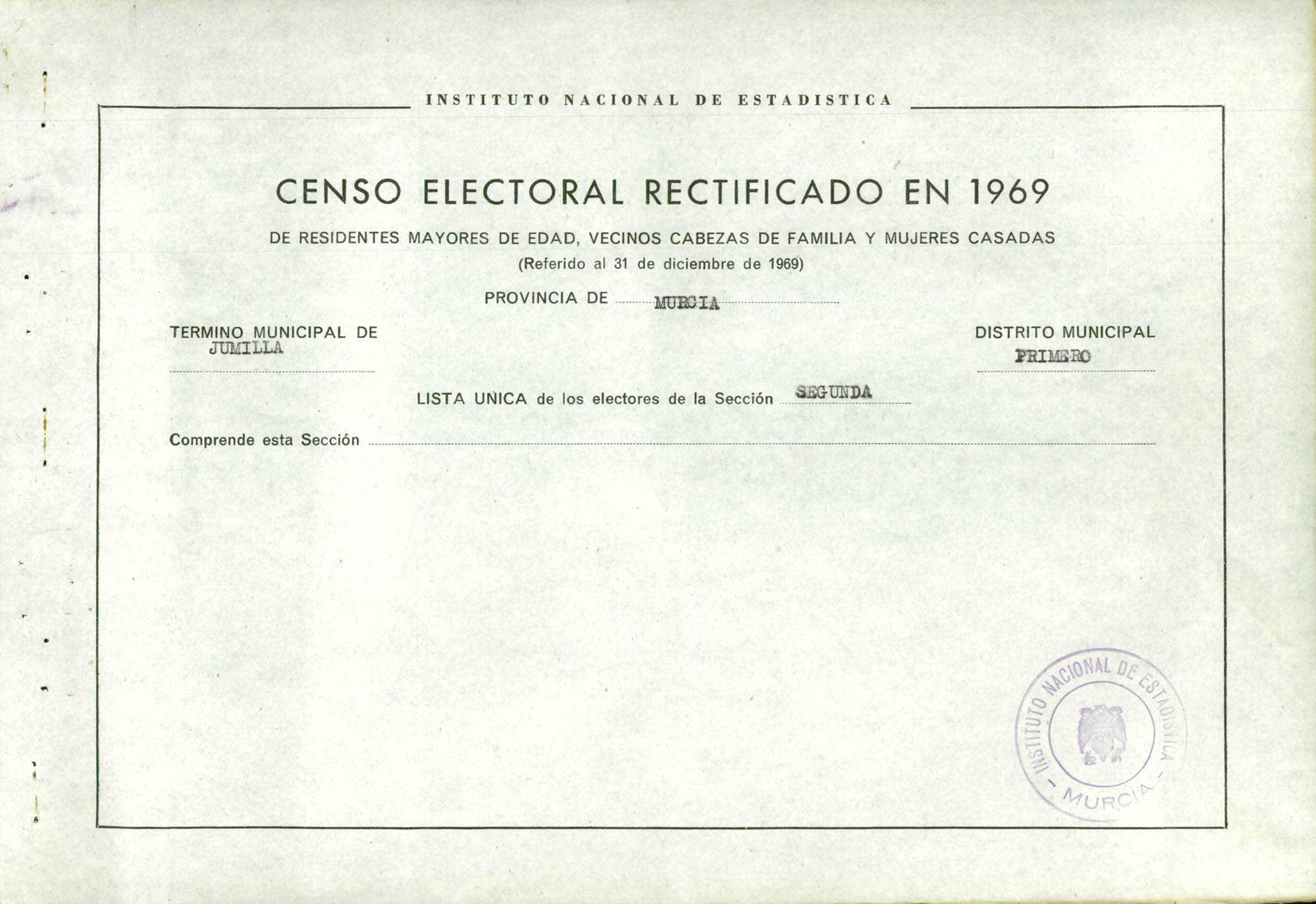 Censo electoral rectificado en 1969: listas definitivas de Jumilla, Distrito 1º, sección 2ª.