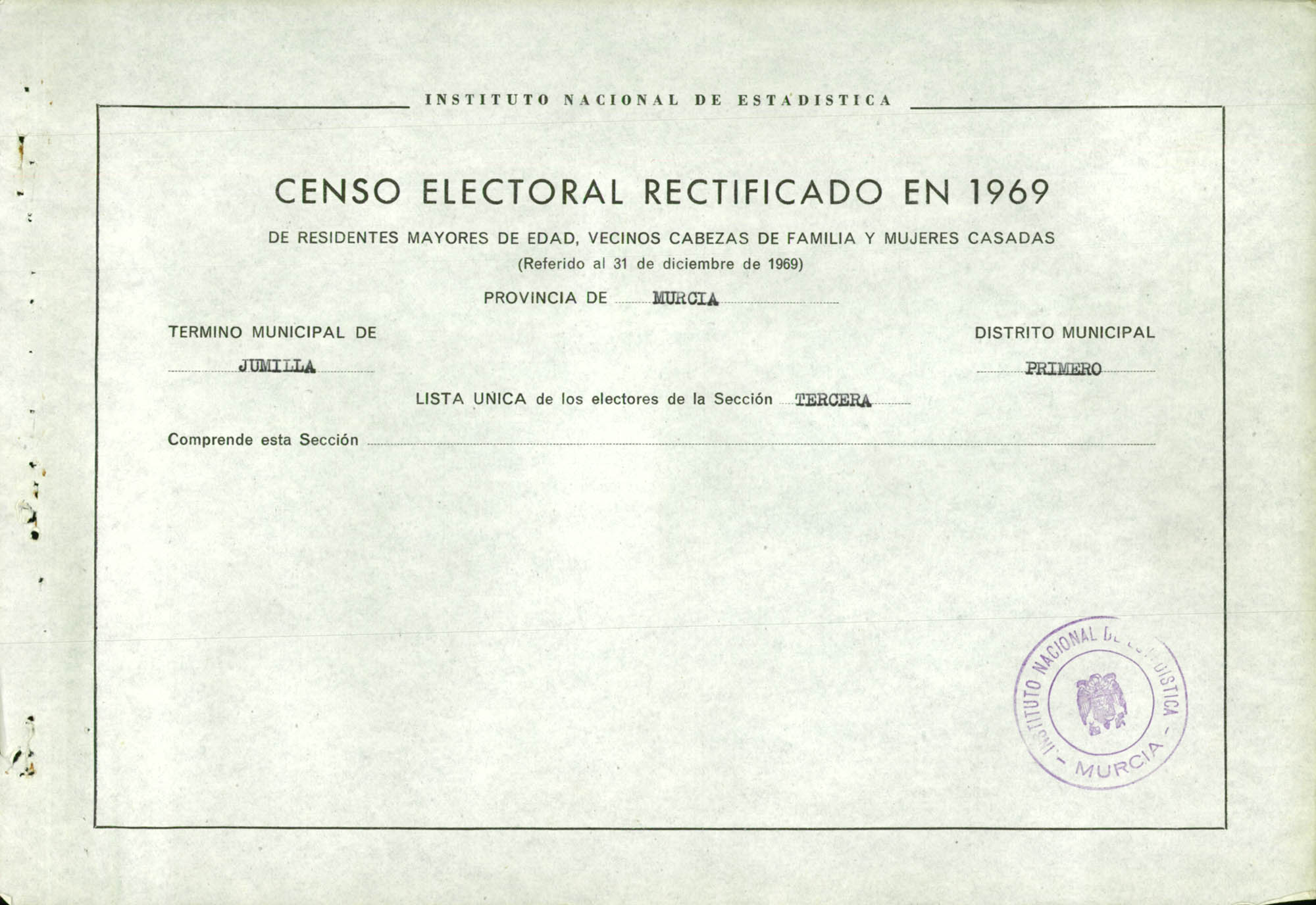 Censo electoral rectificado en 1969: listas definitivas de Jumilla, Distrito 1º, sección 3ª.