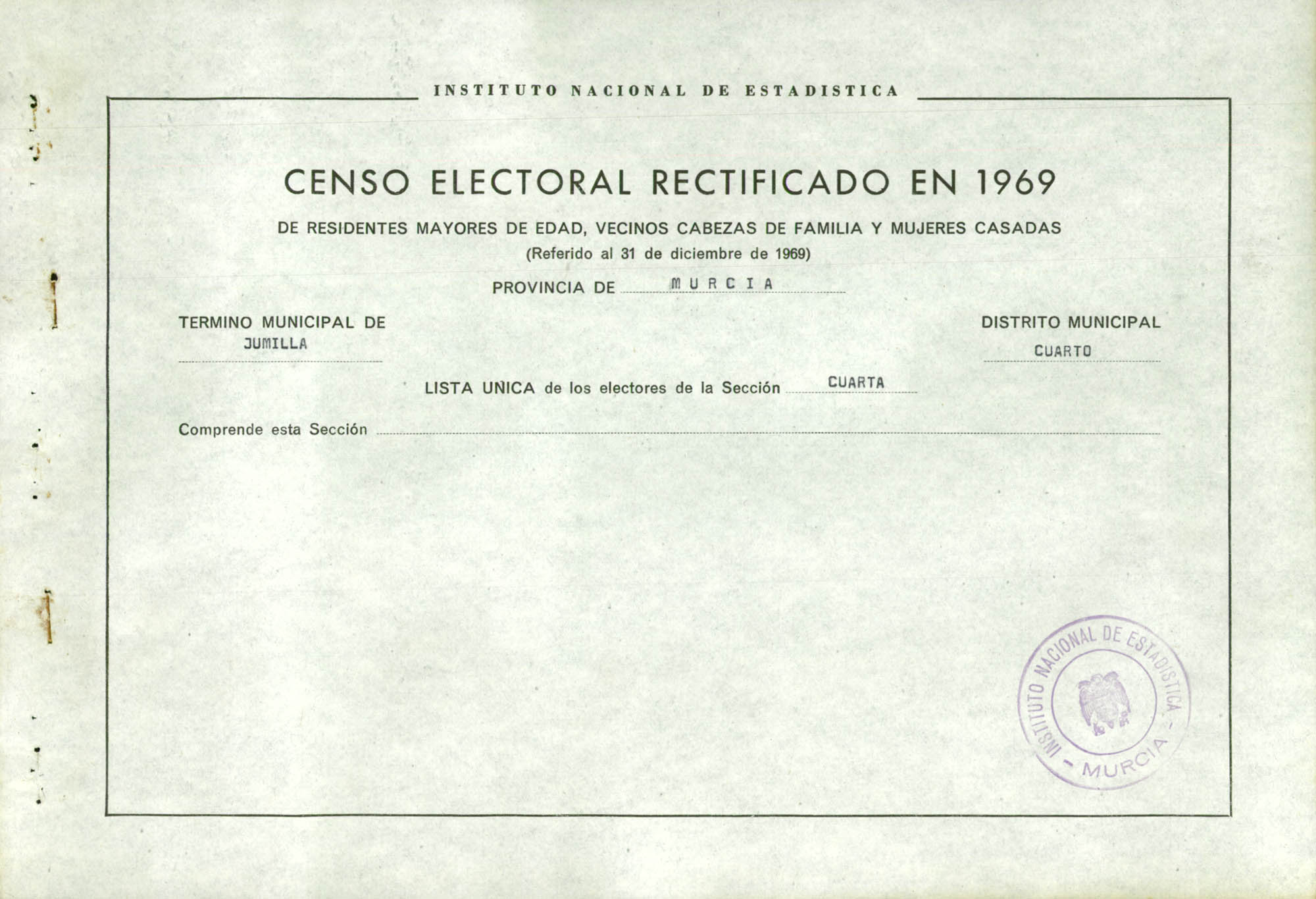 Censo electoral rectificado en 1969: listas definitivas de Jumilla, Distrito 4º, sección 4ª.