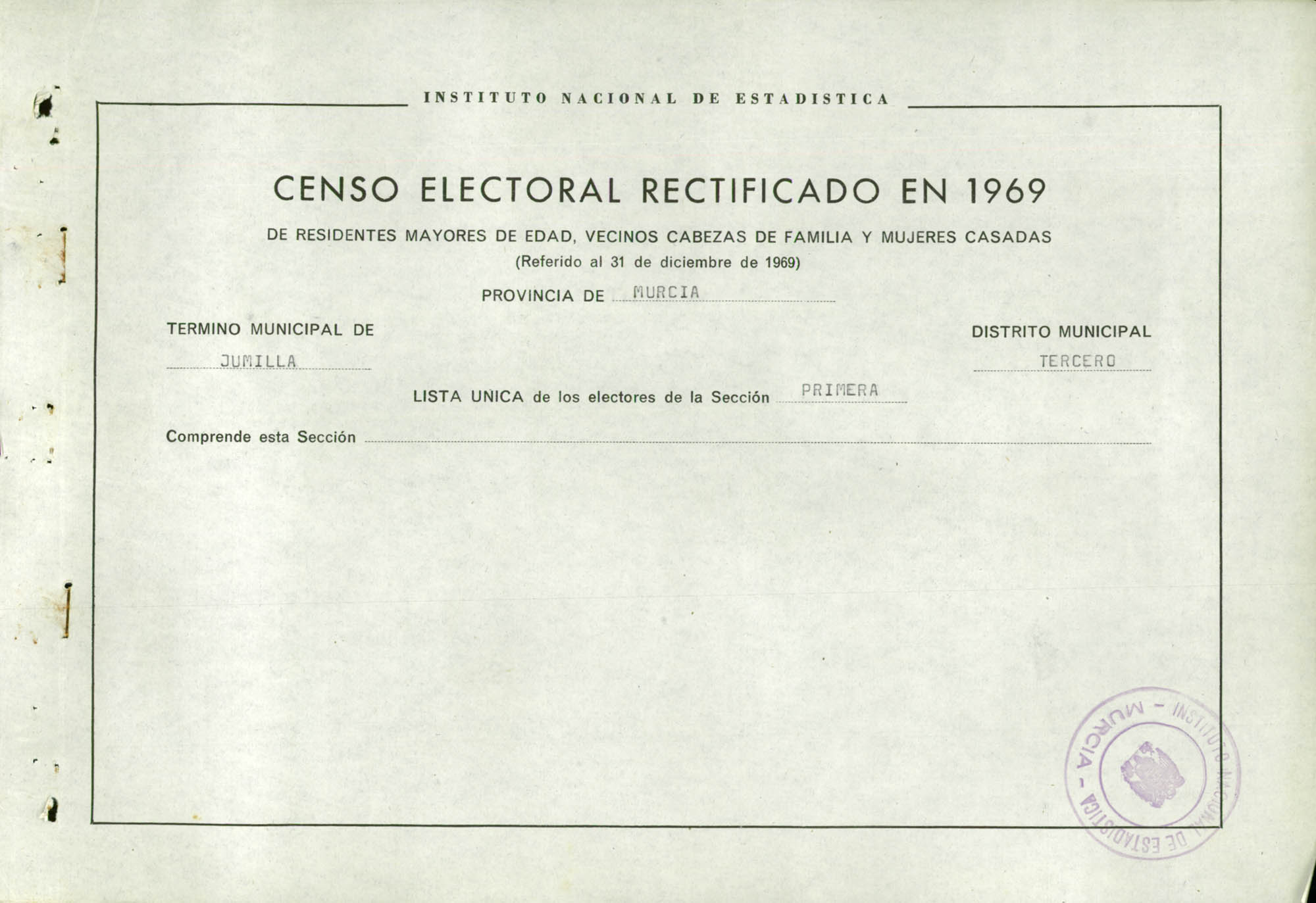 Censo electoral rectificado en 1969: listas definitivas de Jumilla, Distrito 3º, sección 1ª.