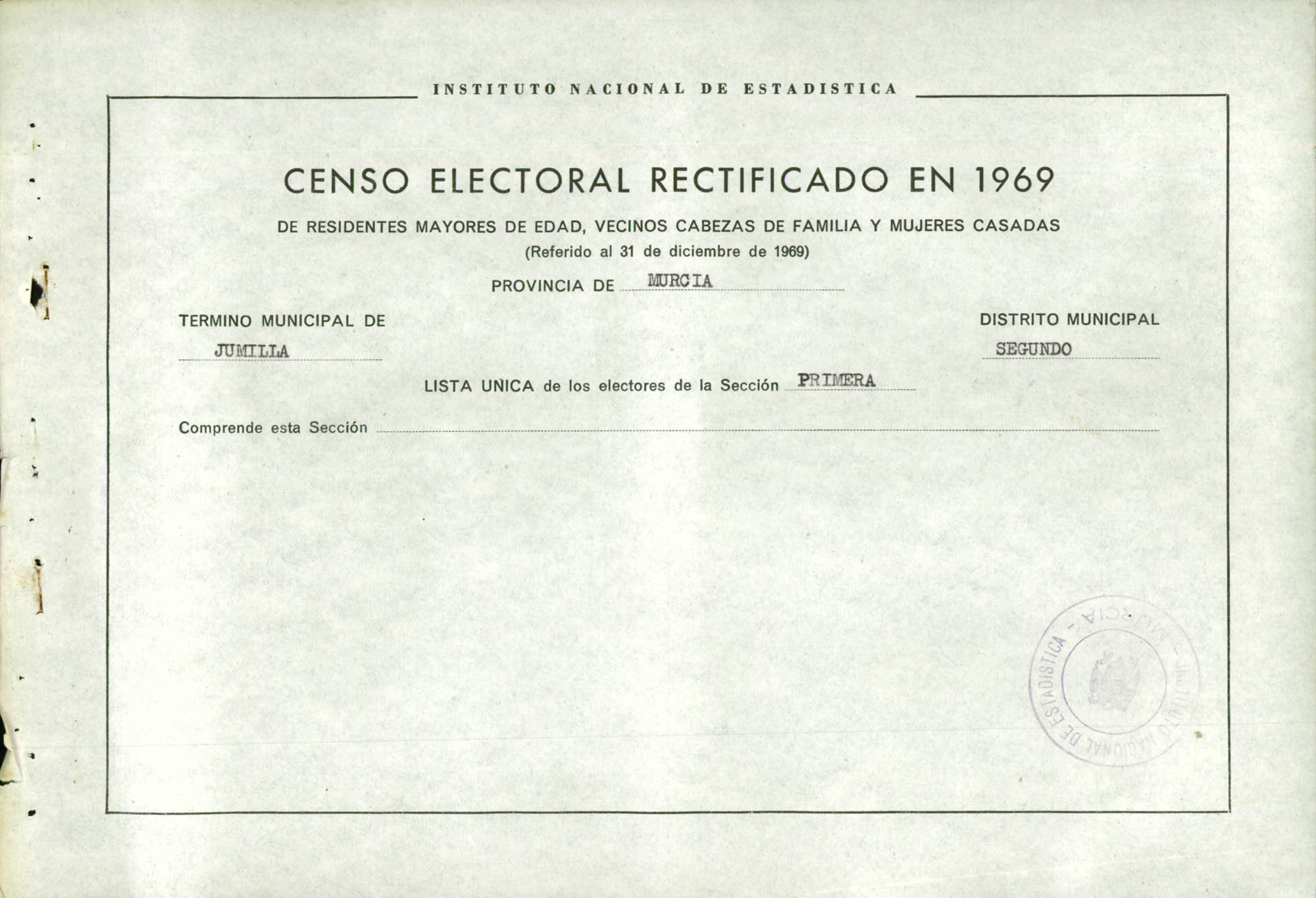 Censo electoral rectificado en 1969: listas definitivas de Jumilla, Distrito 2º, sección 1ª.