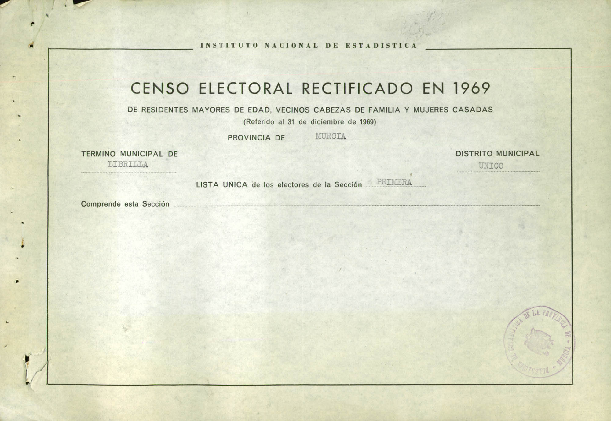 Censo electoral rectificado en 1969: listas definitivas de Librilla, Distrito Único, sección 1ª.