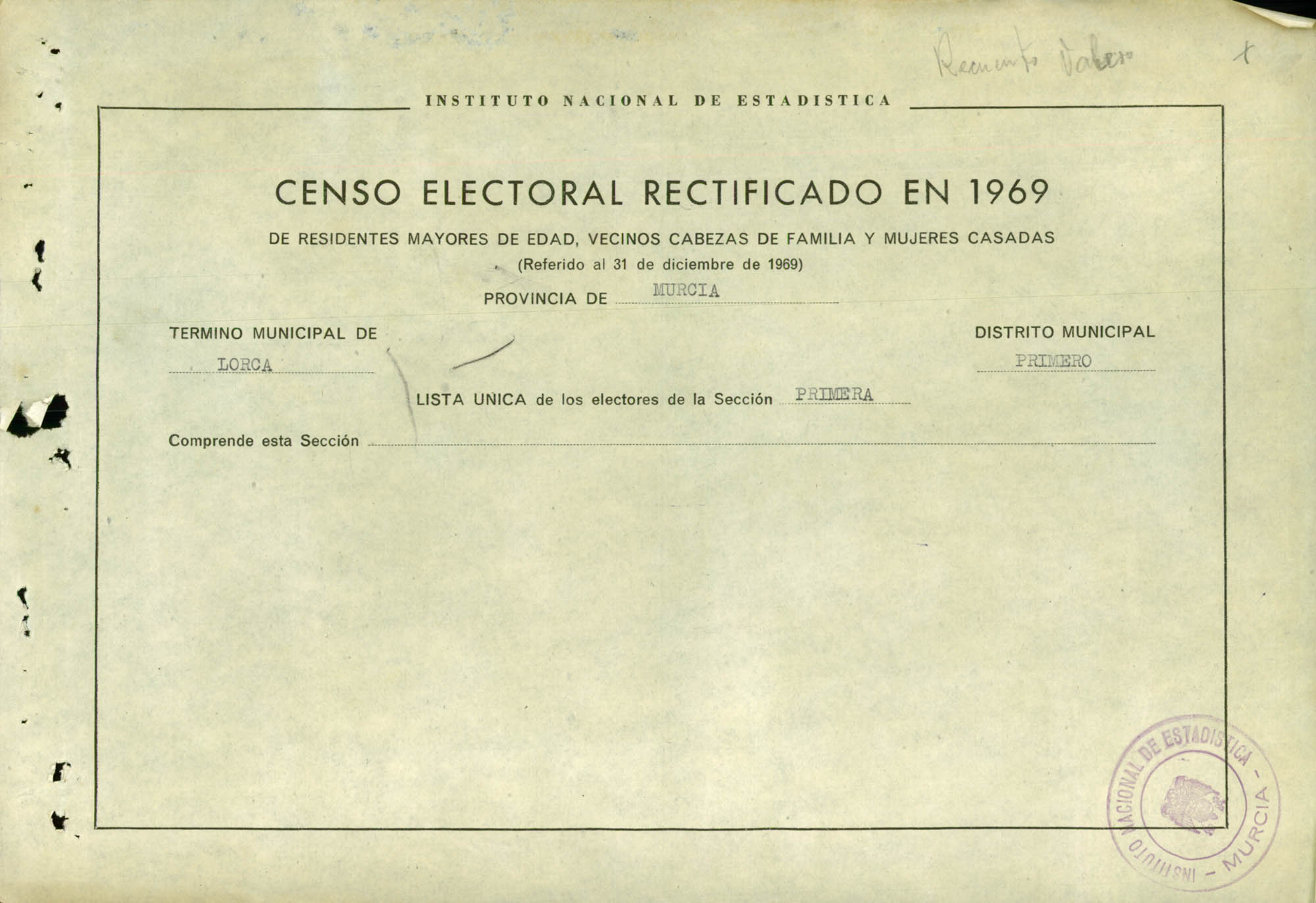 Censo electoral rectificado en 1969: listas definitivas de Lorca, Distrito 1º, sección 1ª.
