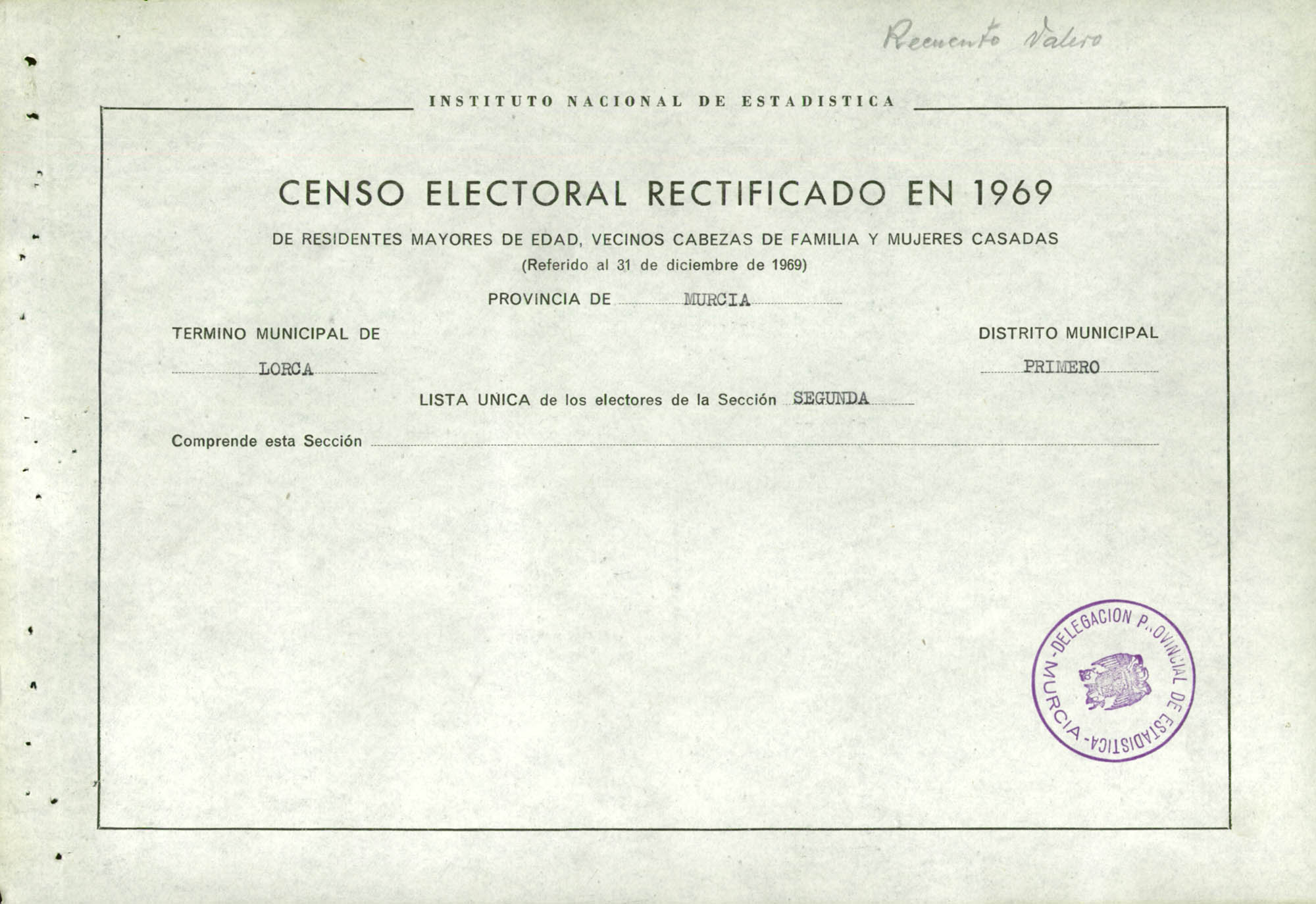 Censo electoral rectificado en 1969: listas definitivas de Lorca, Distrito 1º, sección 2ª.