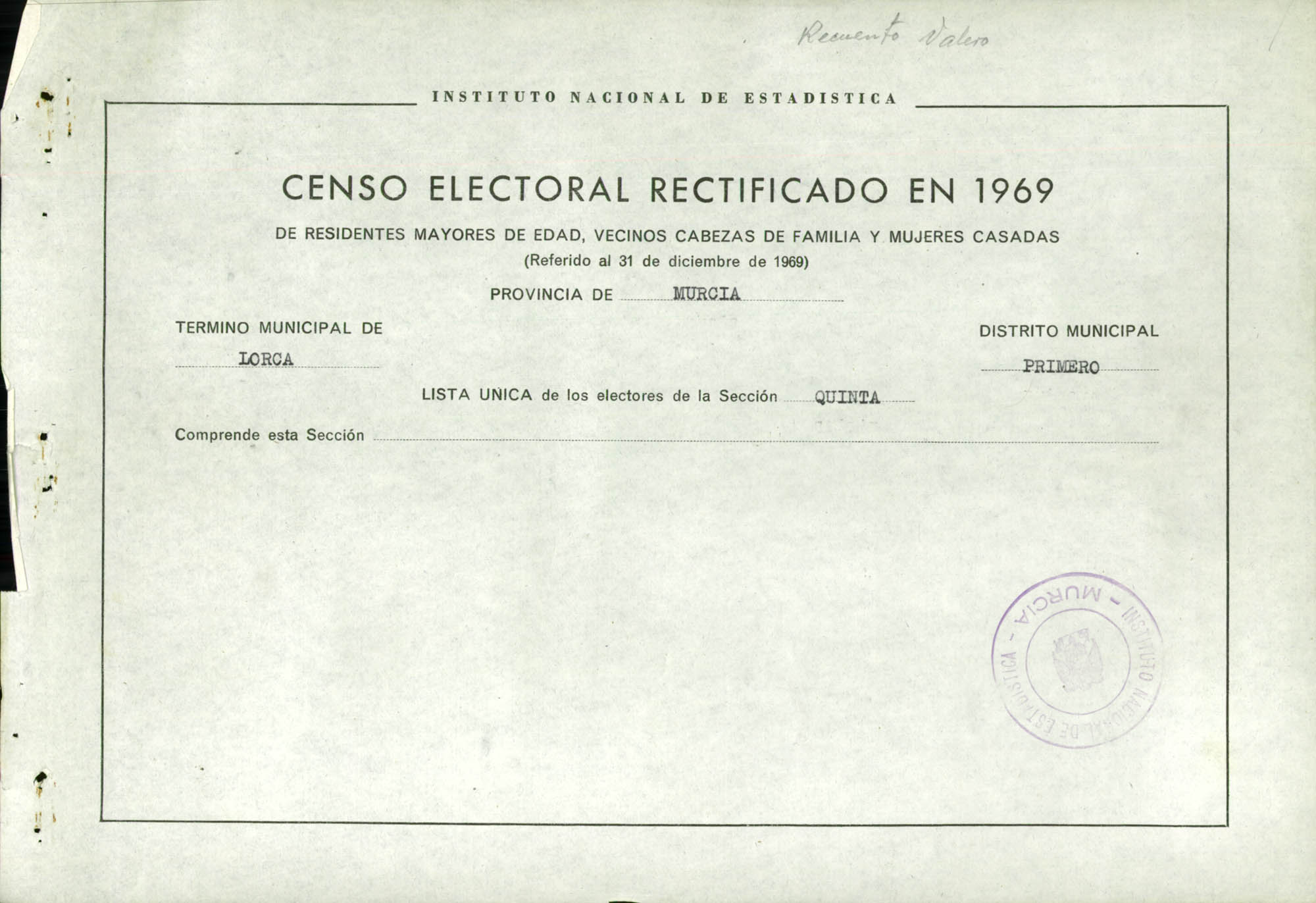 Censo electoral rectificado en 1969: listas definitivas de Lorca, Distrito 1º, sección 5ª.