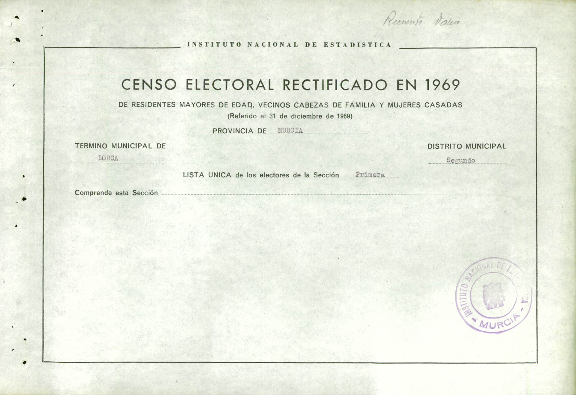Censo electoral rectificado en 1969: listas definitivas de Lorca, Distrito 2º, sección 1ª.