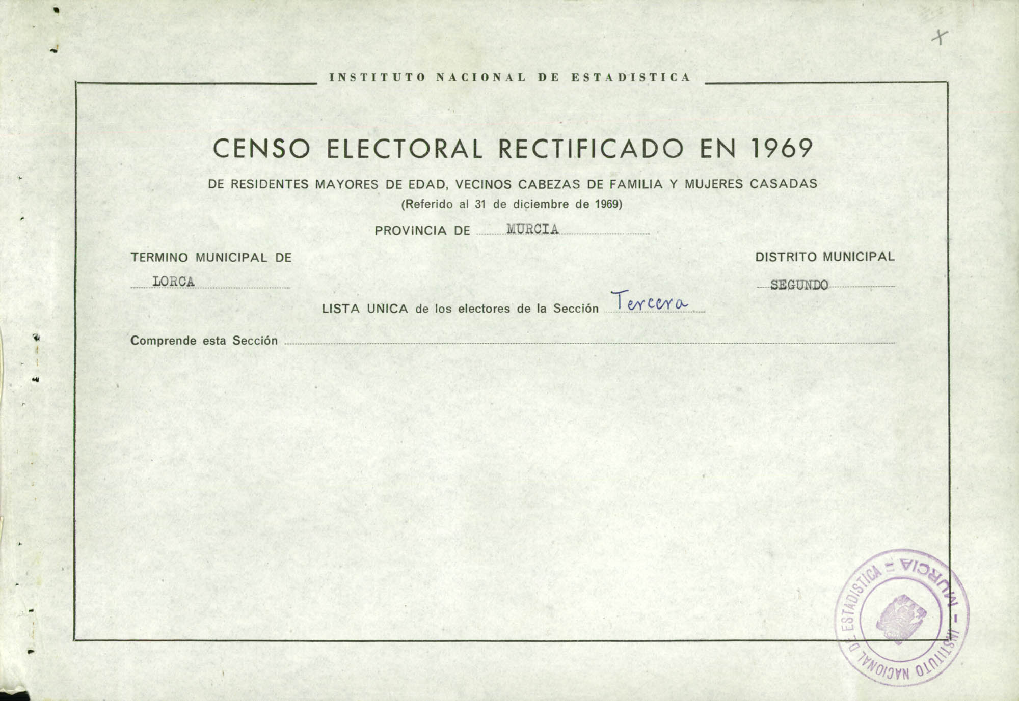 Censo electoral rectificado en 1969: listas definitivas de Lorca, Distrito 2º, sección 3ª.