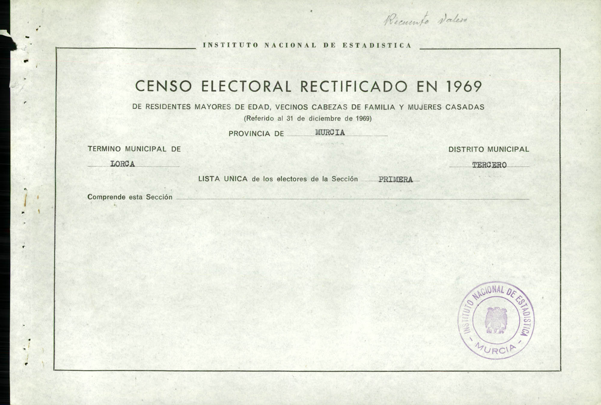 Censo electoral rectificado en 1969: listas definitivas de Lorca, Distrito 3º, sección 1ª.