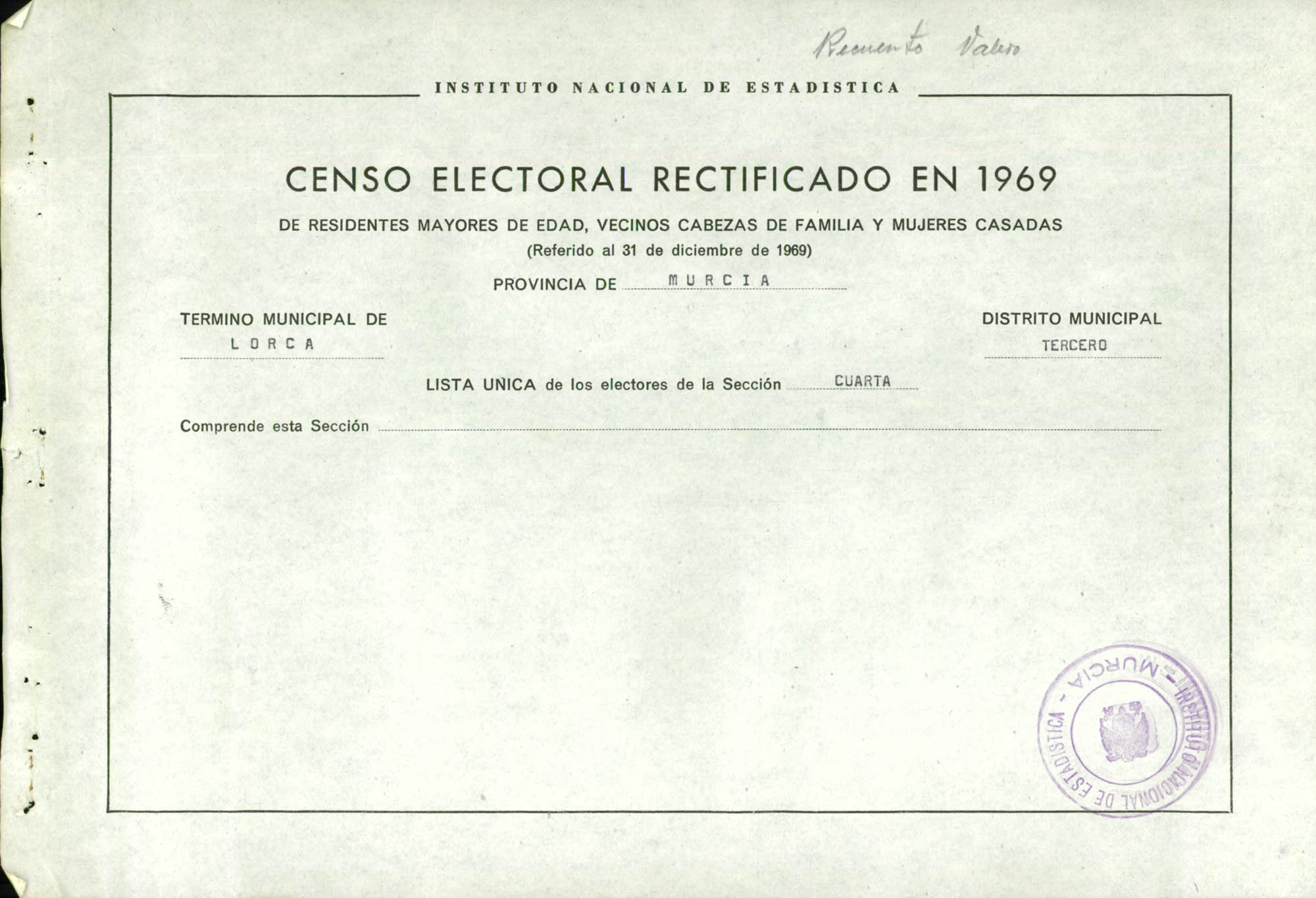 Censo electoral rectificado en 1969: listas definitivas de Lorca, Distrito 3º, sección 4ª.